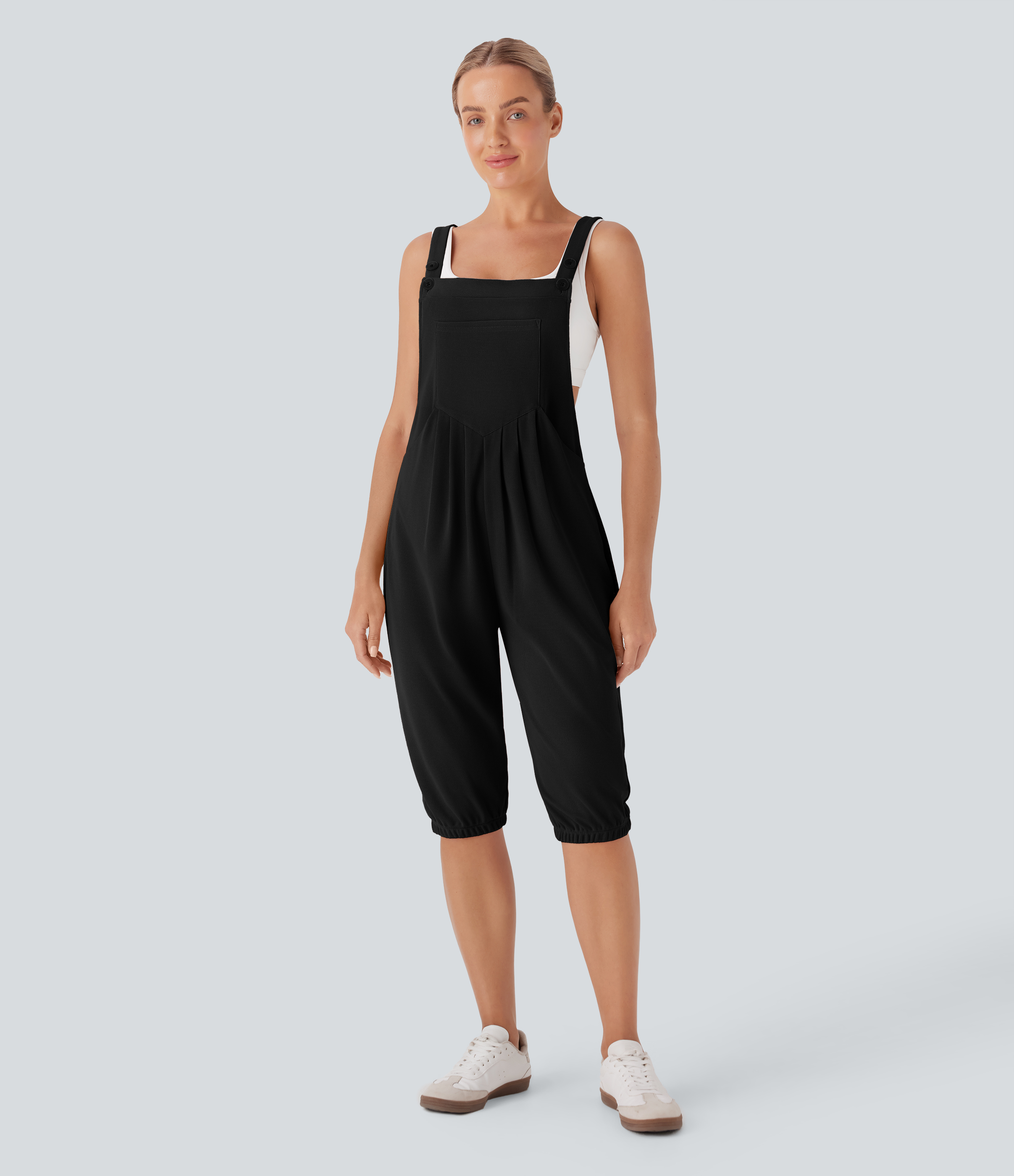 Black Shorts casuales con botones y tirantes ajustables con múltiples bolsillos / 1