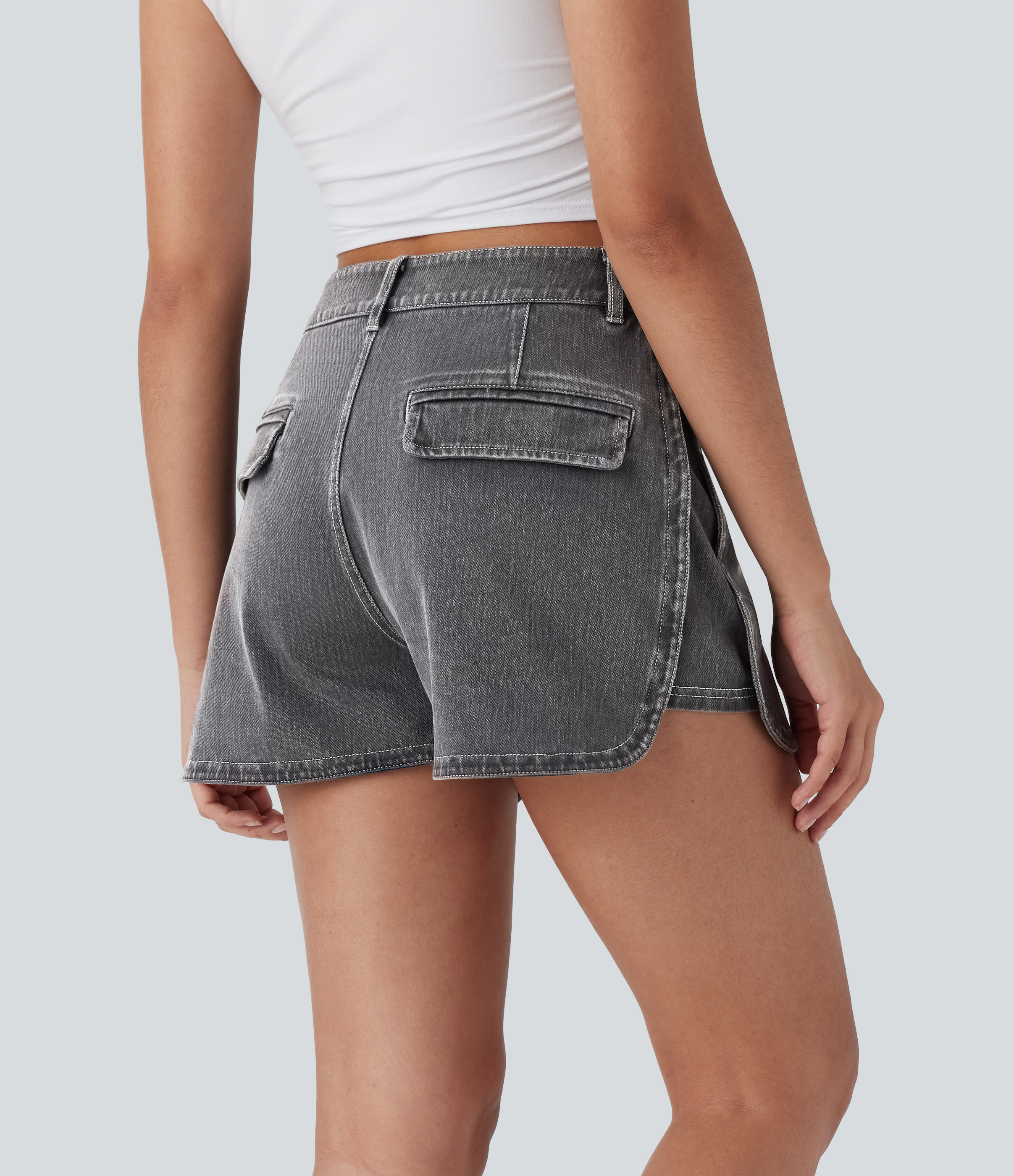 Smoky Gray Denim Halara Flex™ Hochgeschnittene Reißverschluss Gebogene Saum Denim Casual Shorts 3'' / 2