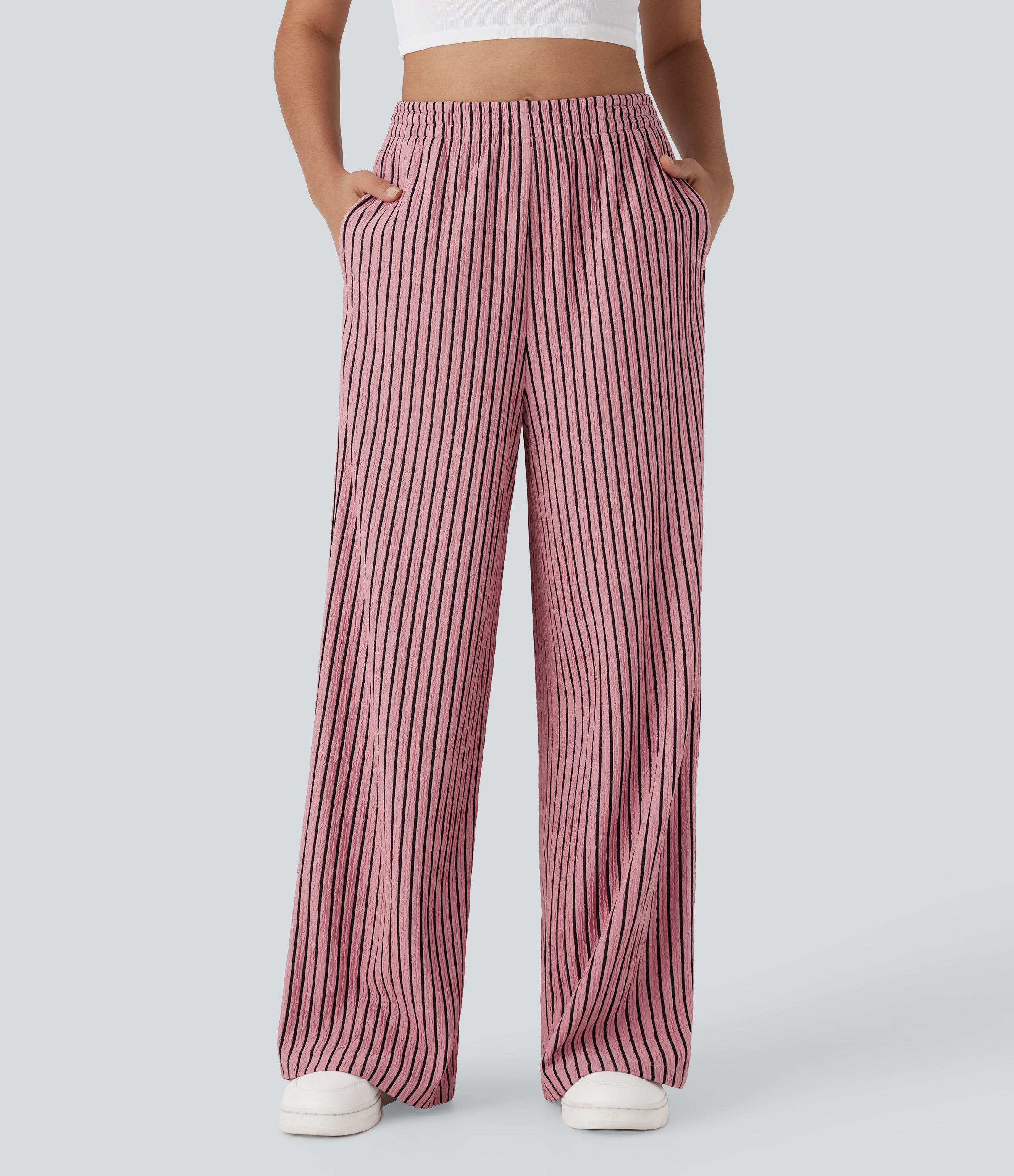 High Waisted Straight Leg Crinkle Casual Trousers with Side Pockets