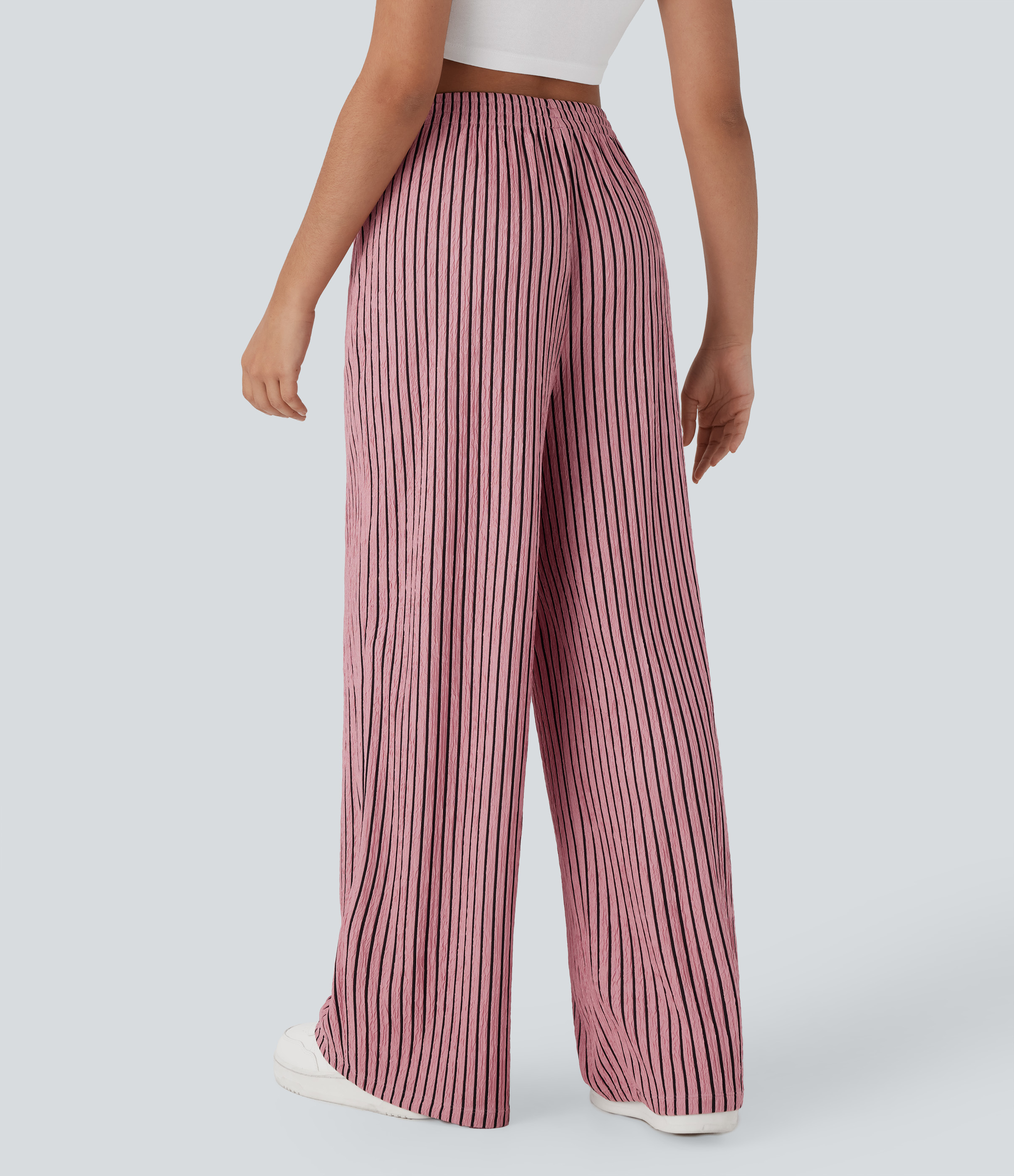 Candy Pink Black Stripes High Waisted Straight Leg Crinkle Casual Pants with Pockets / 2