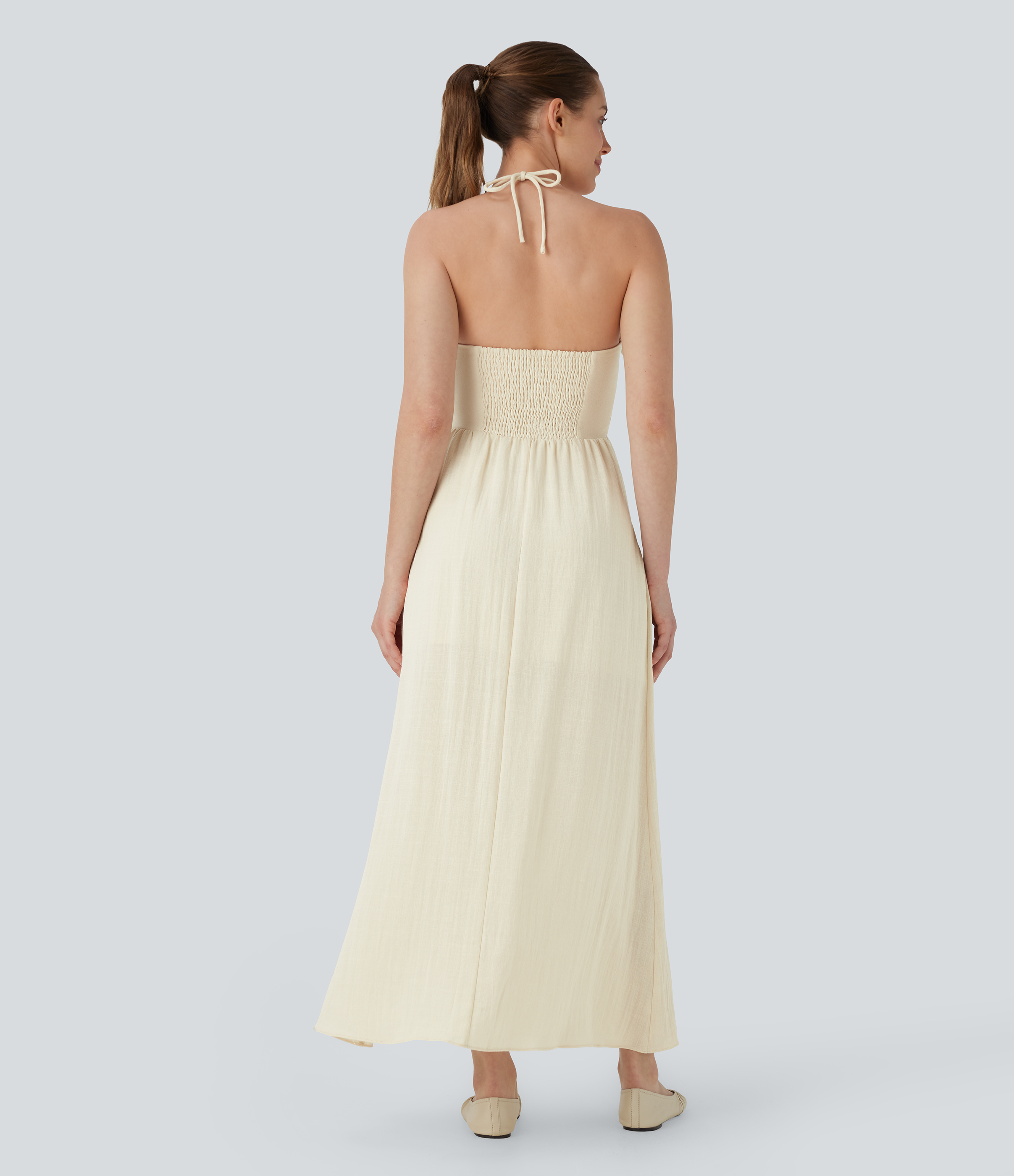 Halter Cut Out Tie Back Shirred Maxi Casual Linen-Feel Dress
