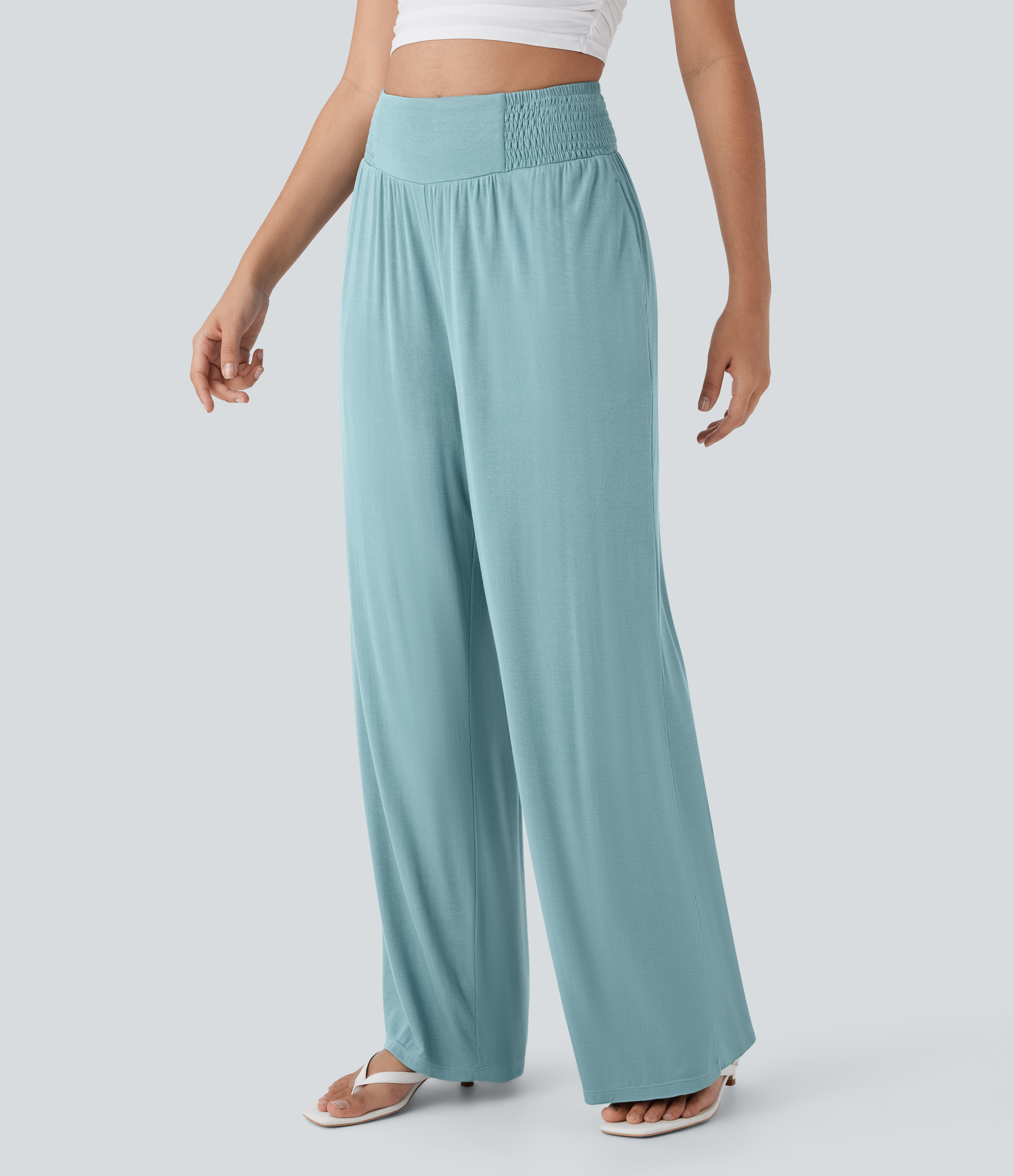 High Waisted Shirred Casual Pants with Side Pocket