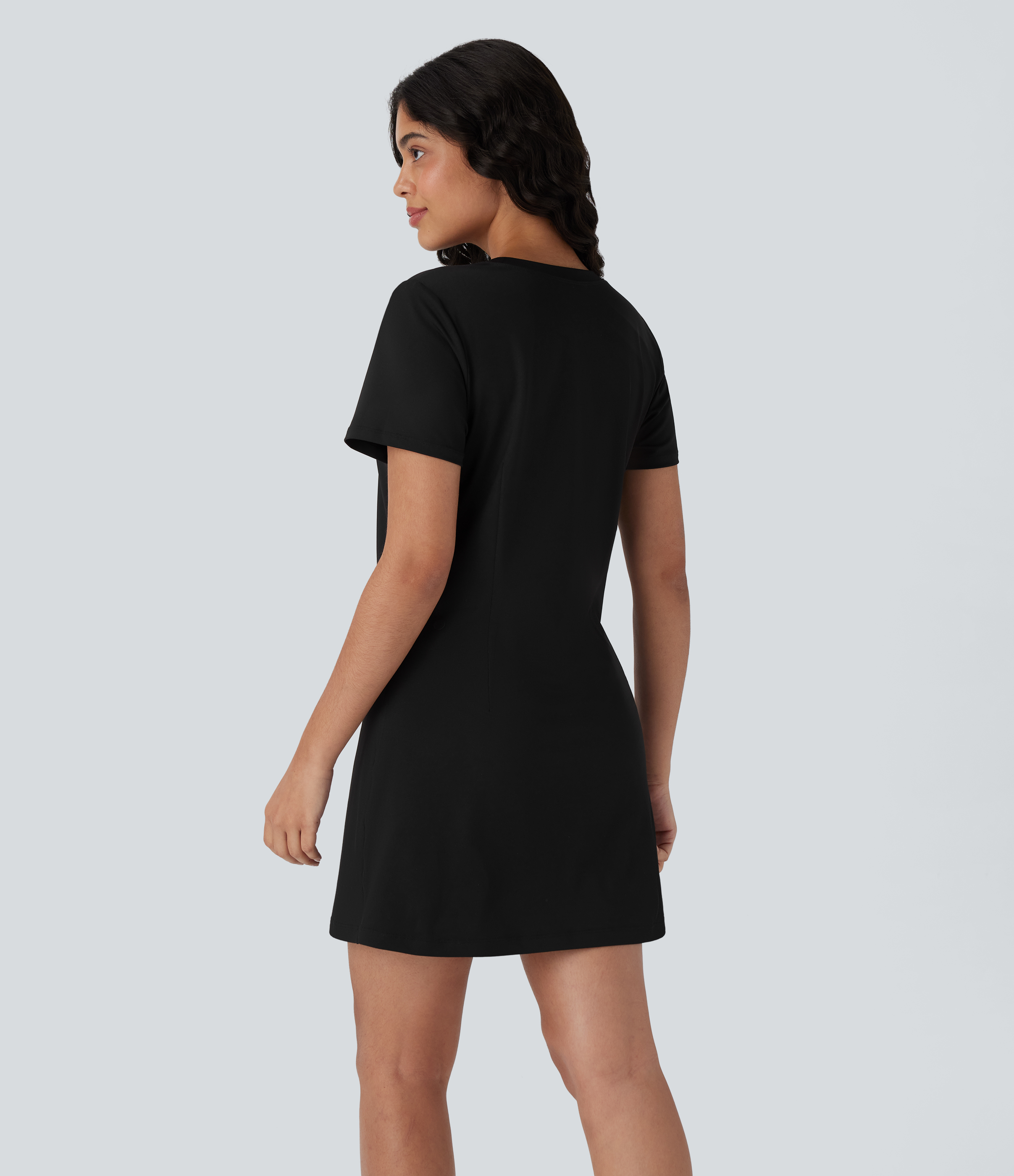 Black Round Neck Short Sleeve Solid Mini Casaul Tee Dress / 2