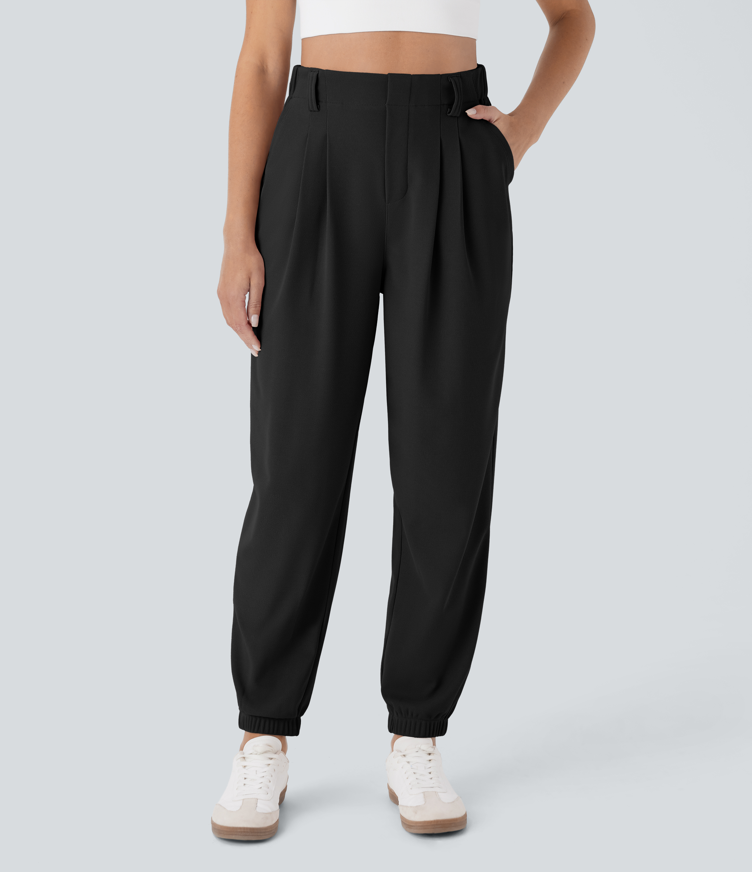 Black High Waisted Tapered Waffle Casual Joggers with Pocket / 1