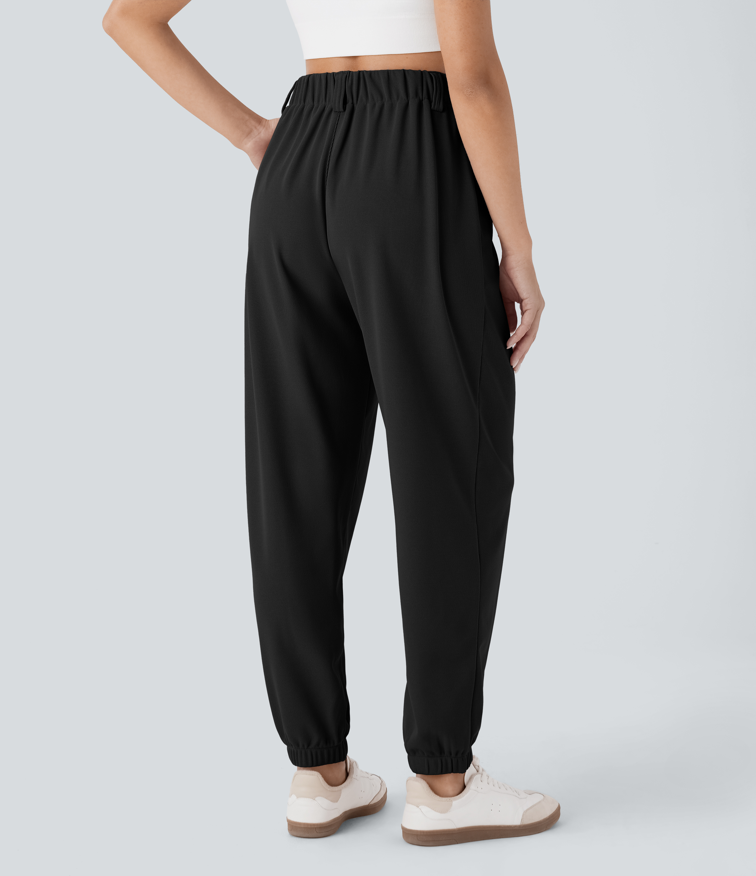 Black High Waisted Tapered Waffle Casual Joggers with Pocket / 2