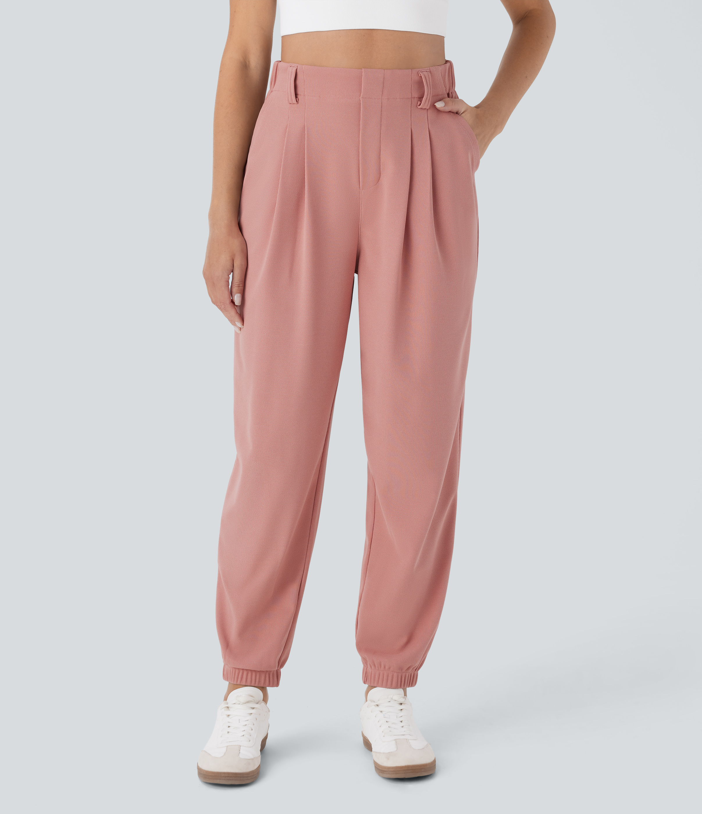High Waisted Tapered Waffle Casual Joggers with Pocket
