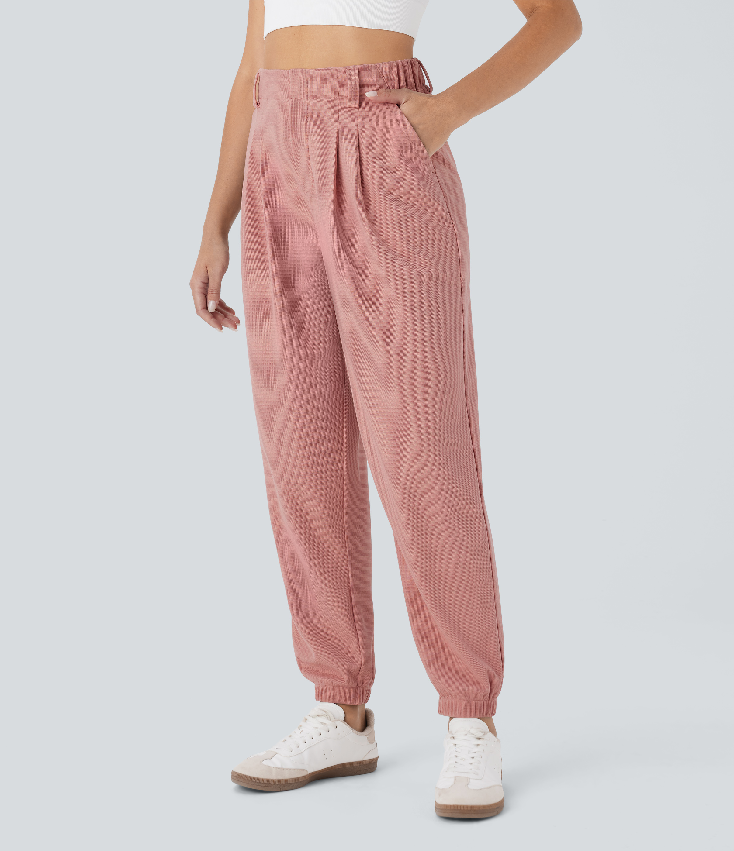 Joggers casuales de tiro alto ajustados en tela gofre con bolsillos