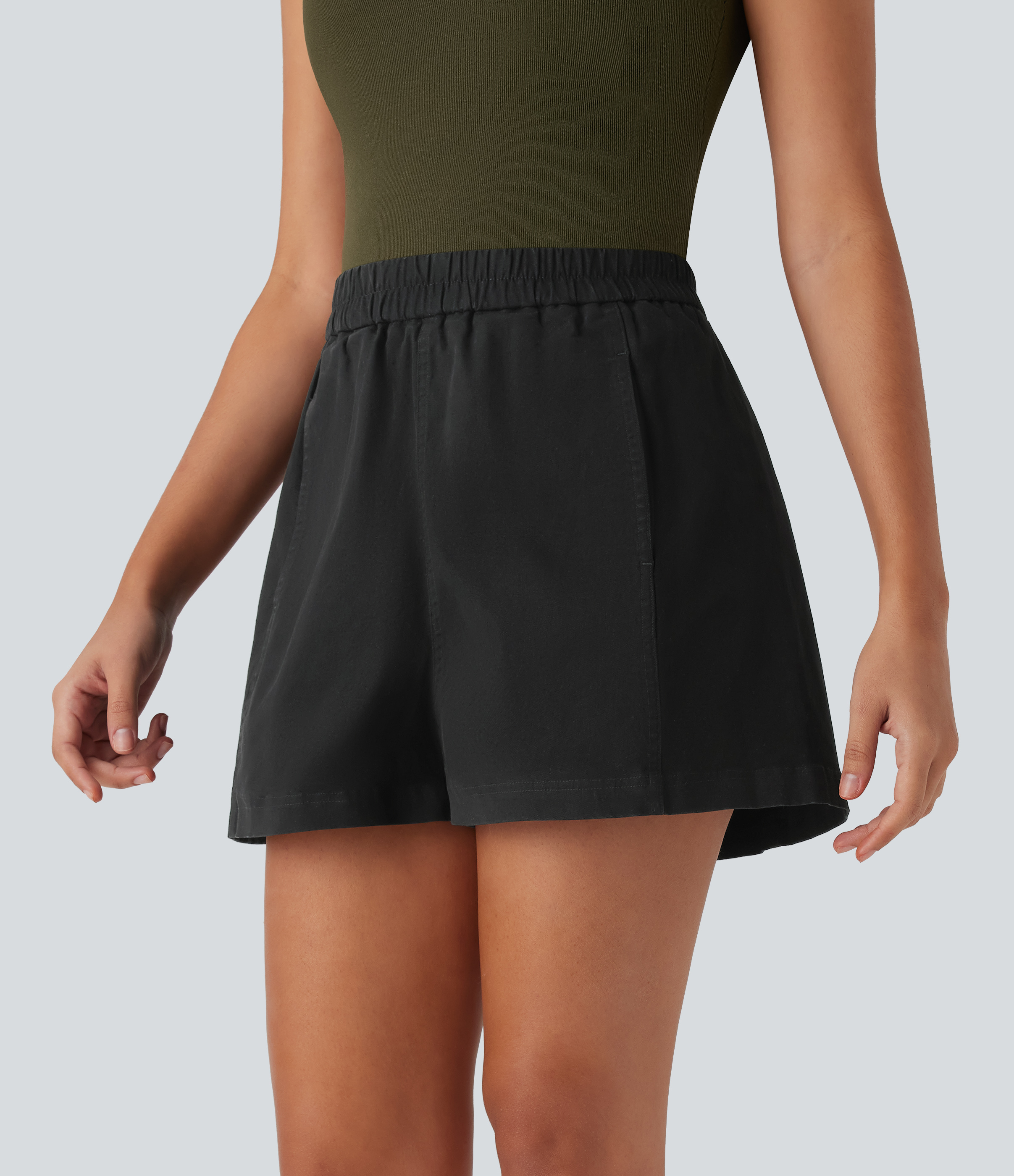 High Waisted Pocket Washed Casual Cotton Shorts