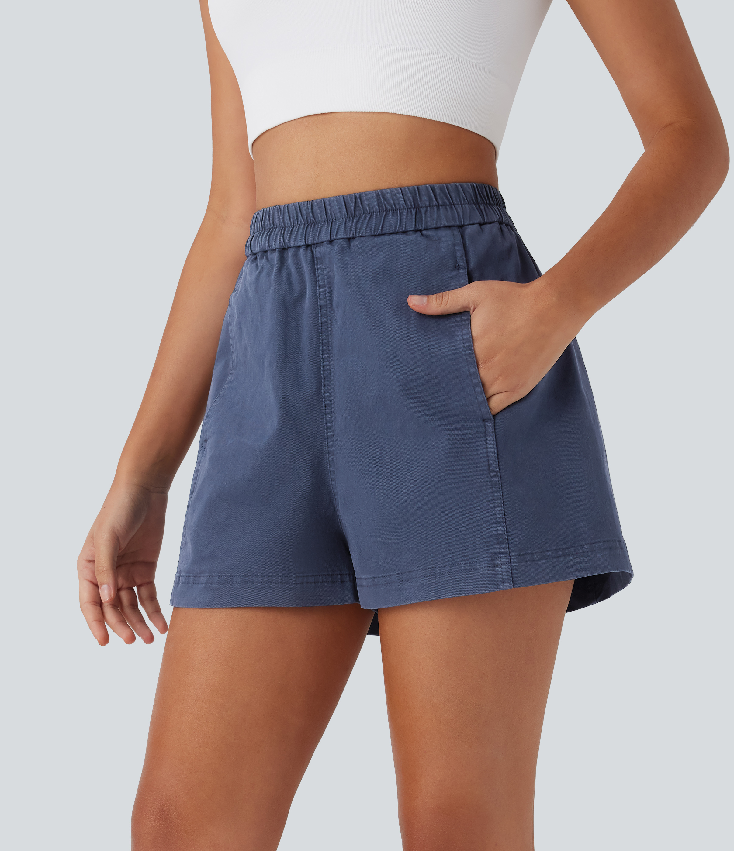 High Waisted Pocket Washed Casual Cotton Shorts