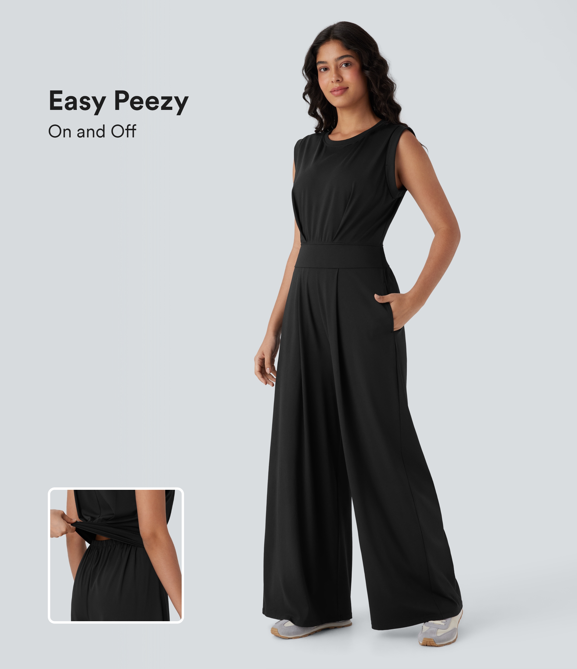 Softlyzero™ QuickDry - Ärmelloser Yoga-Jumpsuit mit Rundhalsausschnitt, Gesäßtaschen und Schlüssellochrücken - Easy Peezy Edition
