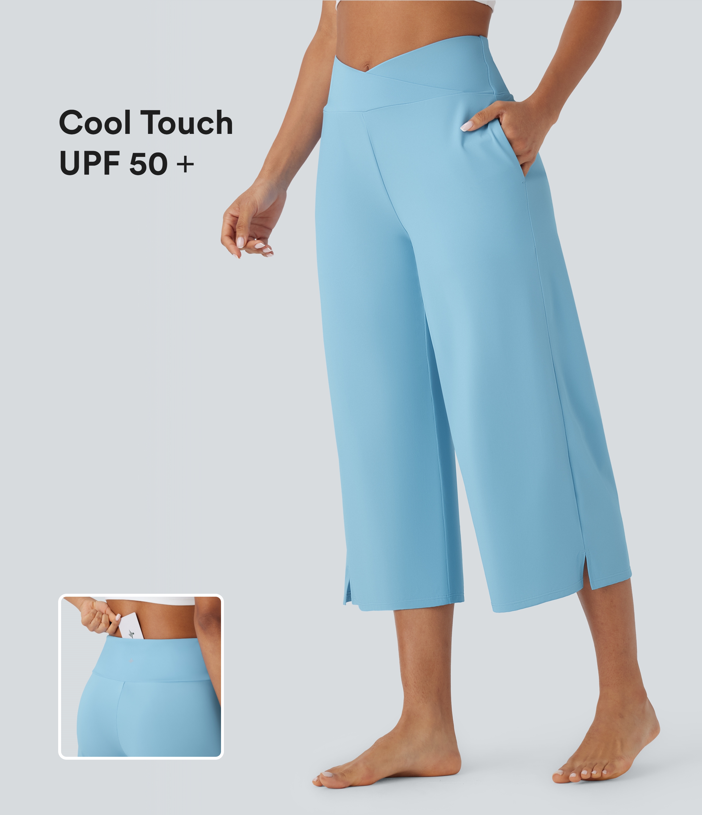 Crossover High Waisted Multiple Pockets Split  Yoga Capri Trousers-UPF50+