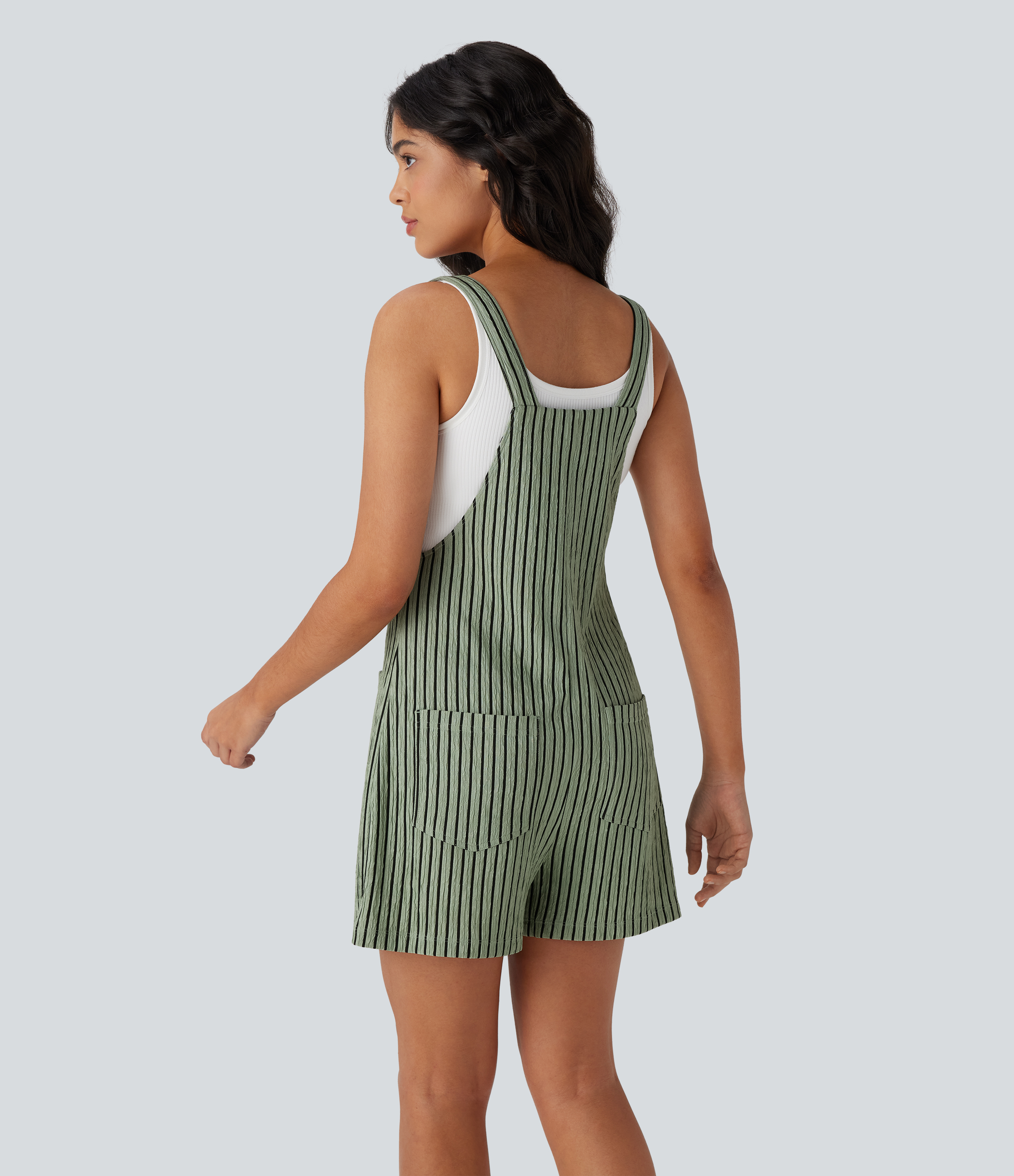 Grey Green Black Stripes Peto casual a rayas con tirantes ajustables, bolsillos y botones / 2