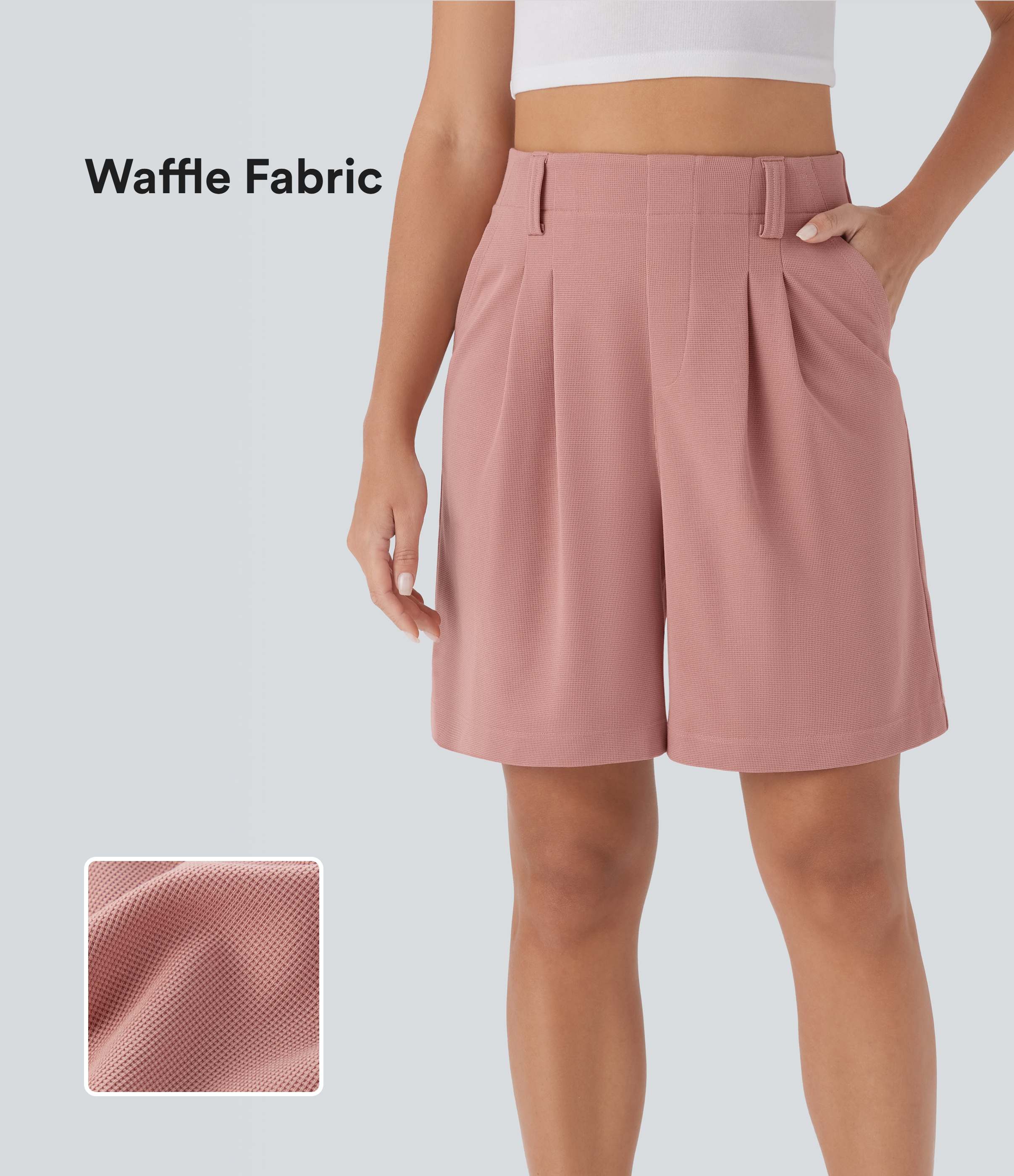 Bermudas casuales en tela gofre de tiro alto con bolsillos laterales