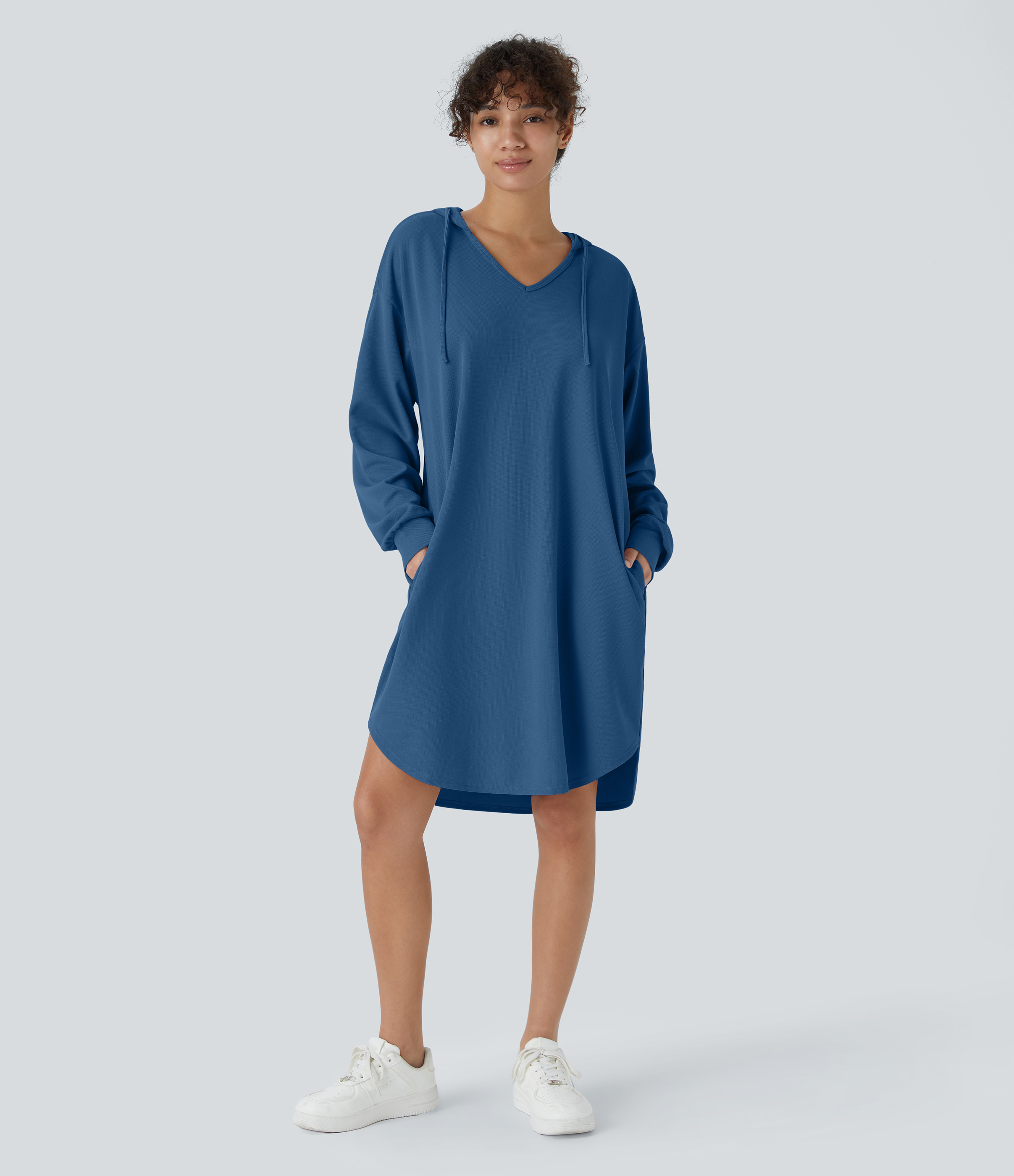 Drawstring Hooded Long Sleeve Pocket High Low Curved Hem Oversize Mini Waffle Casual Sweatshirt Dress
