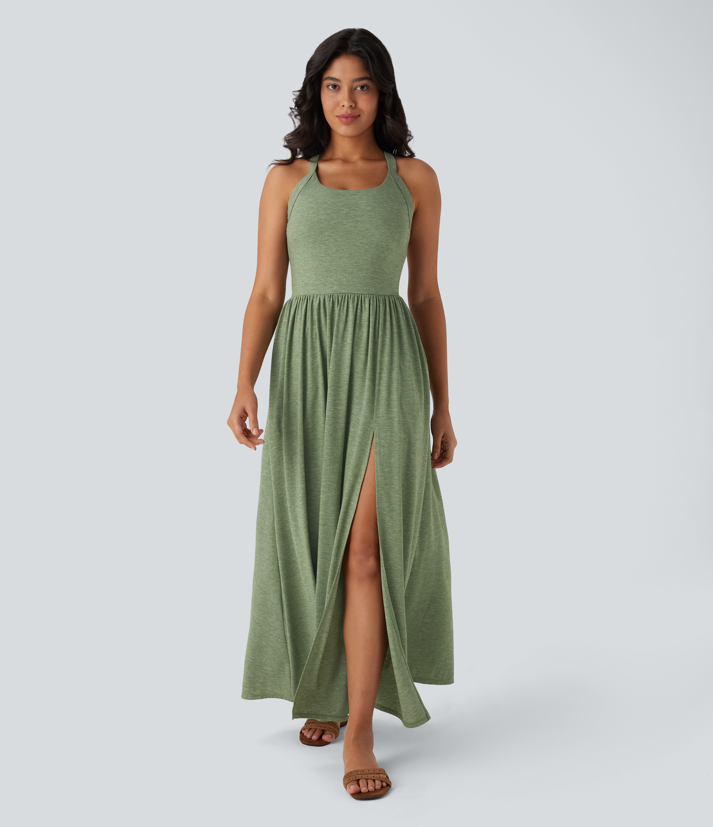 Twisted Backless Split Flowy Maxi Resort Dress with Pockets