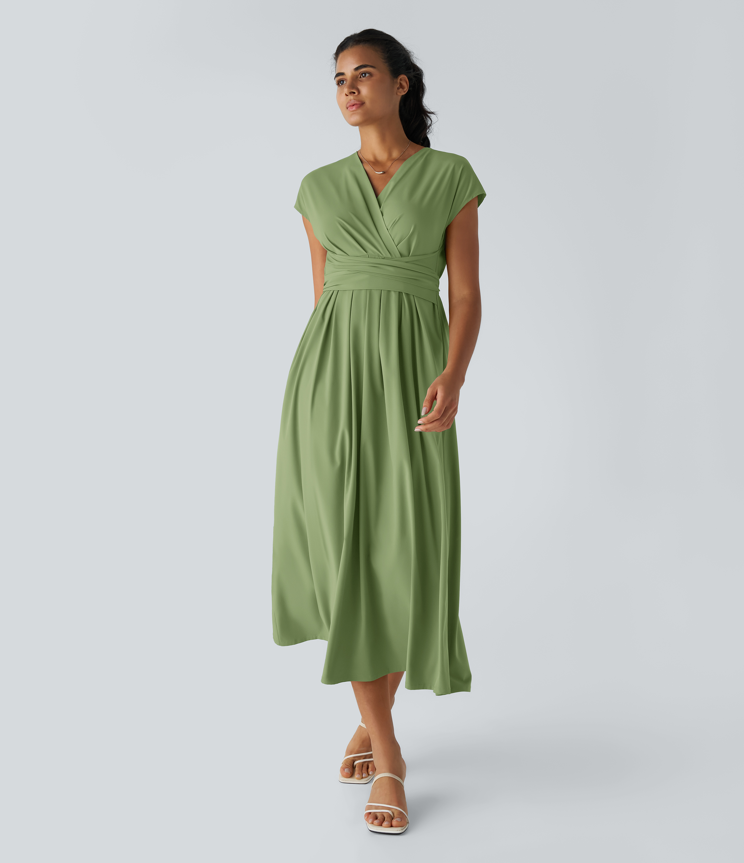 Breezeful™ V Neck Short Sleeve Side Pocket Tie Back Quick Dry Women Casual Midi Dress-Longer Length