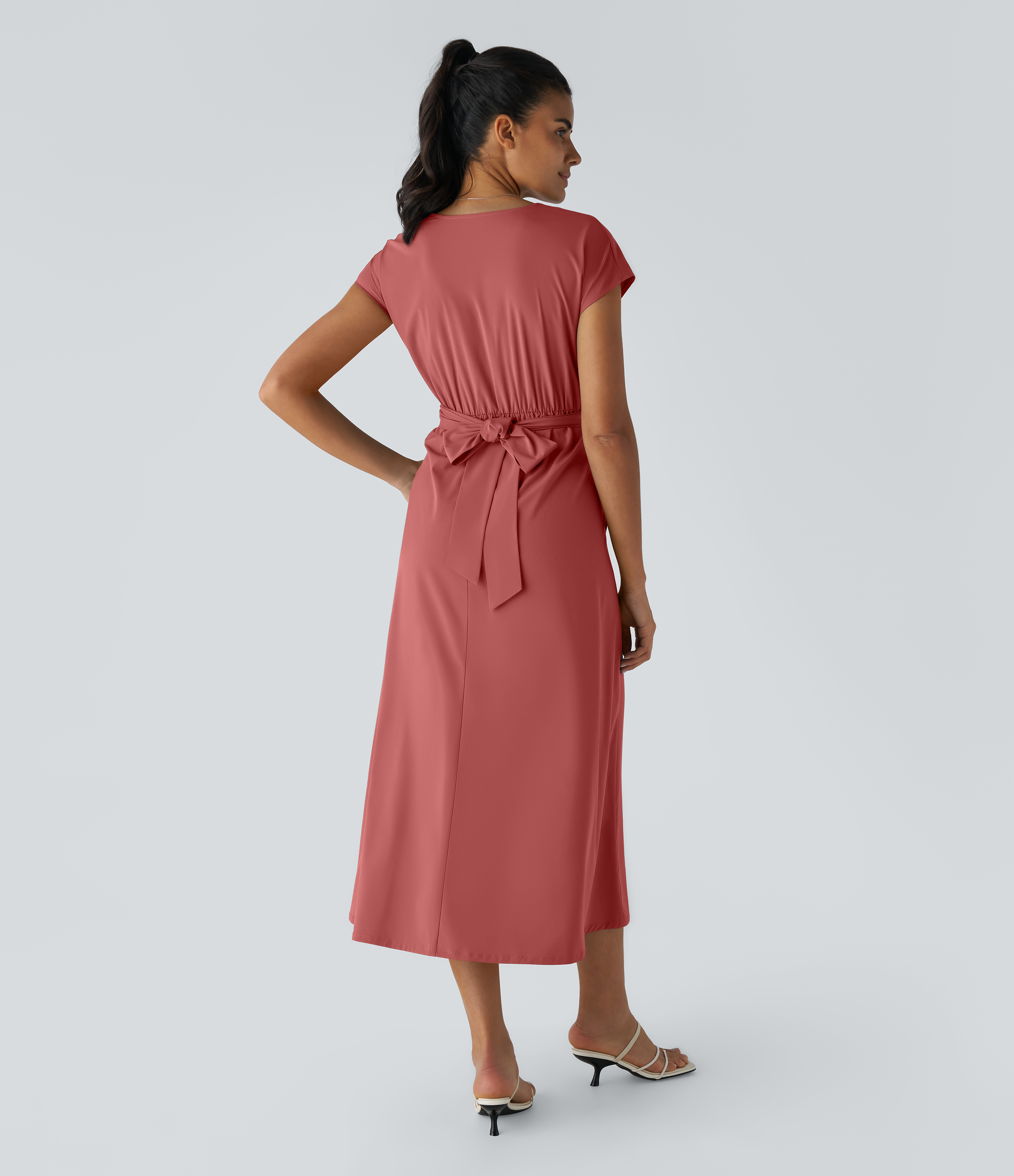Kapok Red Breezeful™ V Neck Short Sleeve Pocket Tie Back Quick Dry Midi Casual Dress-Longer Length / 2