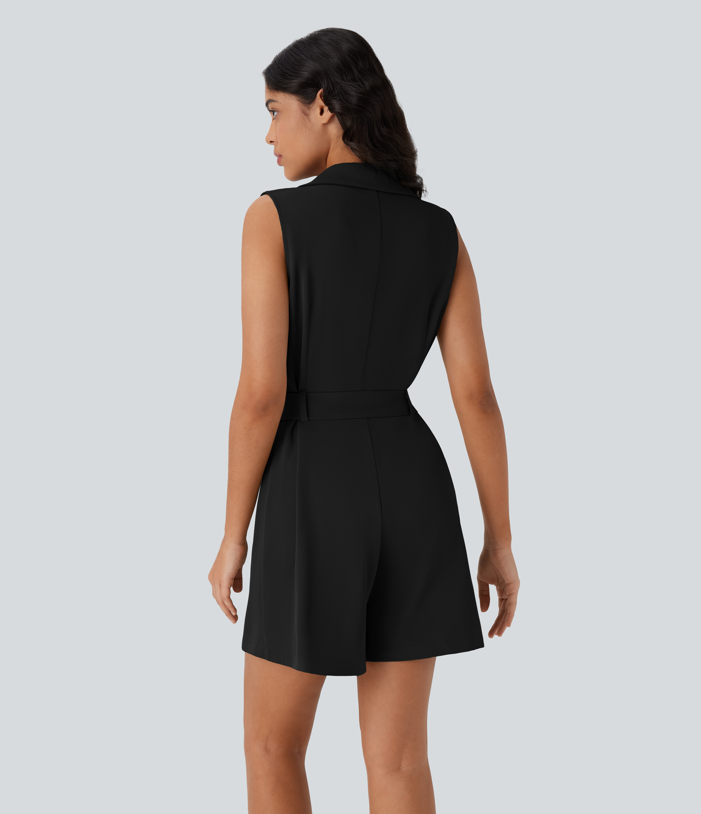 Negro Mono de oficina tipo blazer con cinturón y sin mangas con cuello entallado / 2