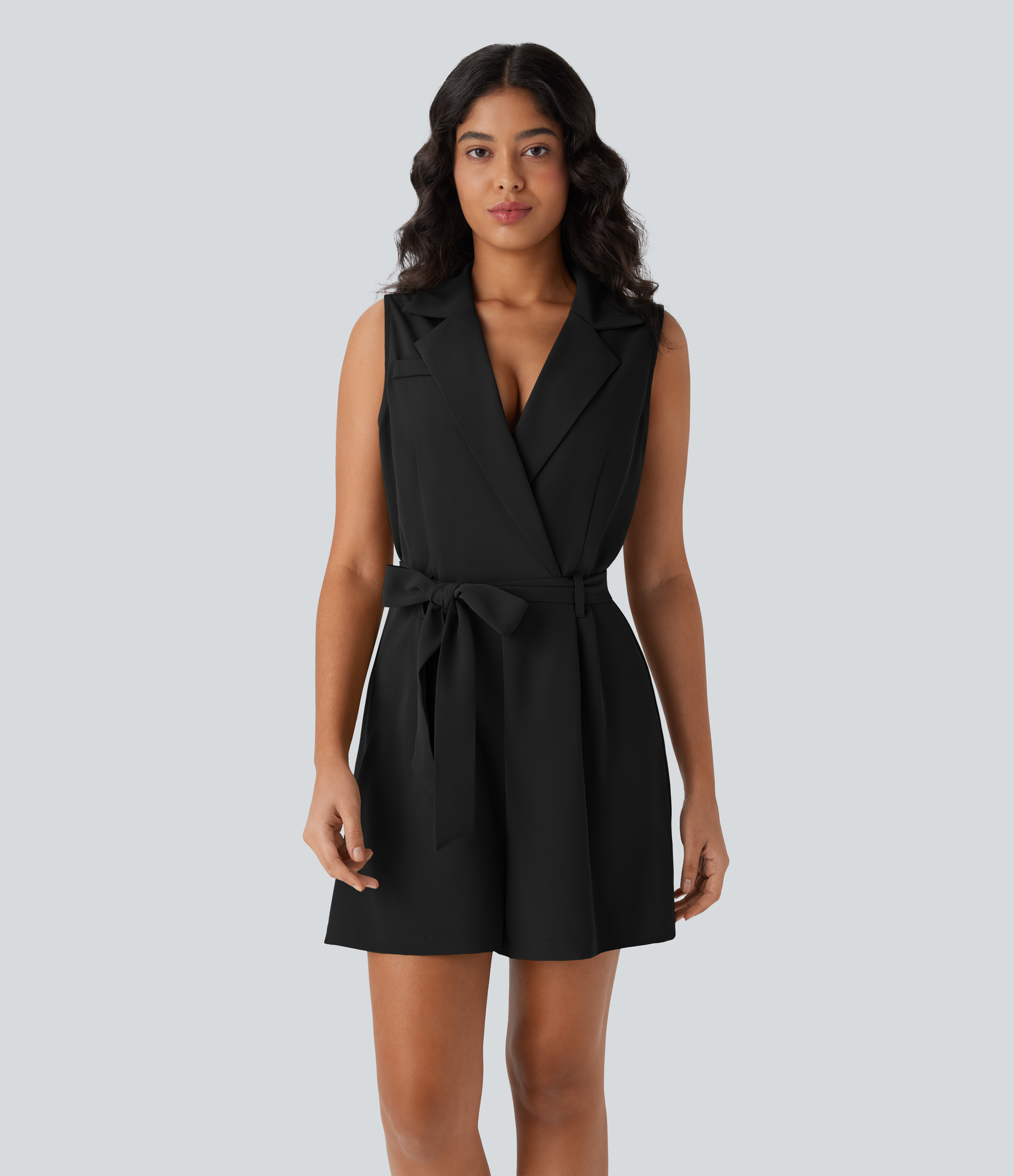 Negro Mono de oficina tipo blazer con cinturón y sin mangas con cuello entallado / 1
