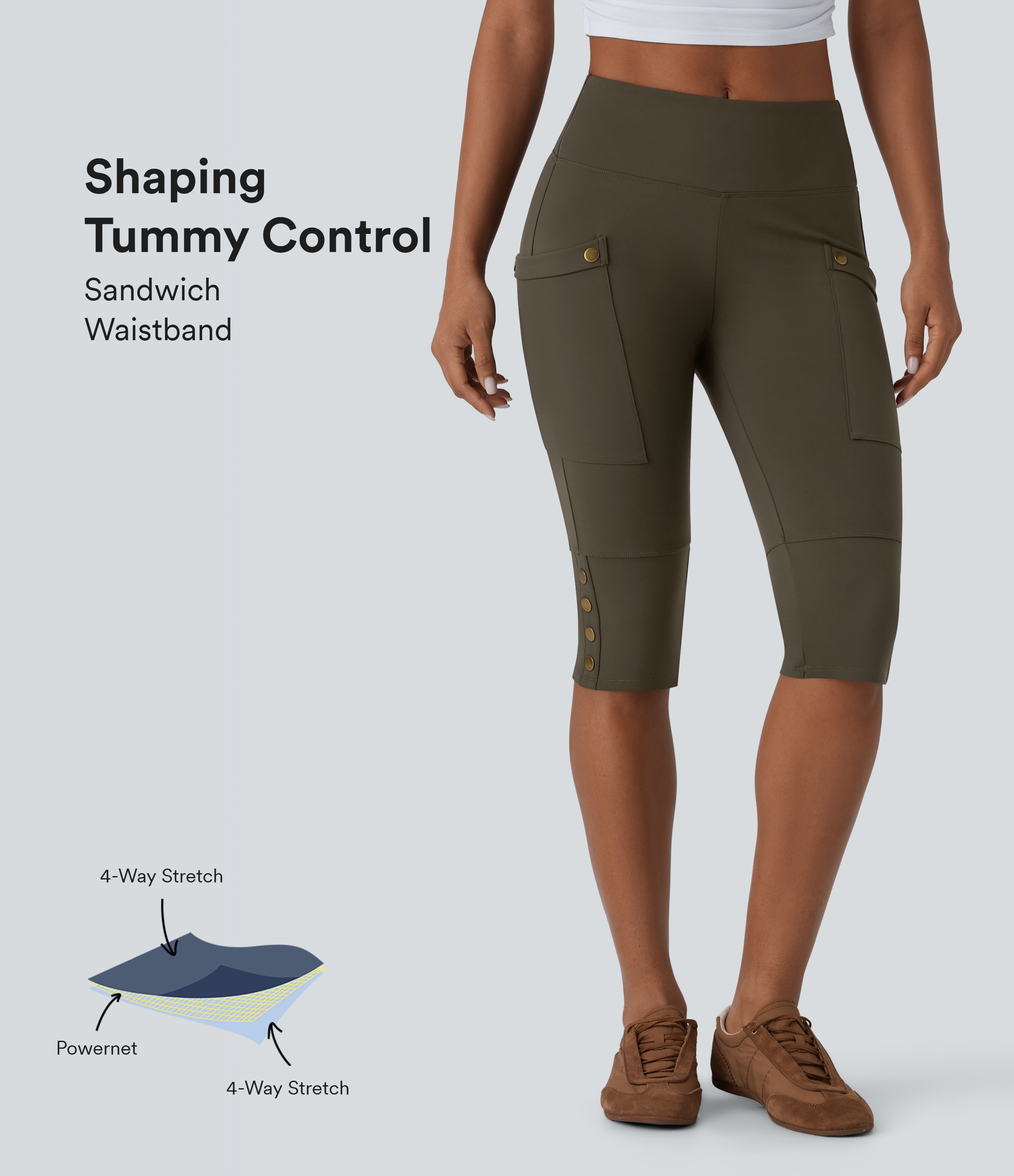 Shorts casuales ajustados moldeadores de abdomen y tiro alto, con bolsillos y botones decorativos 