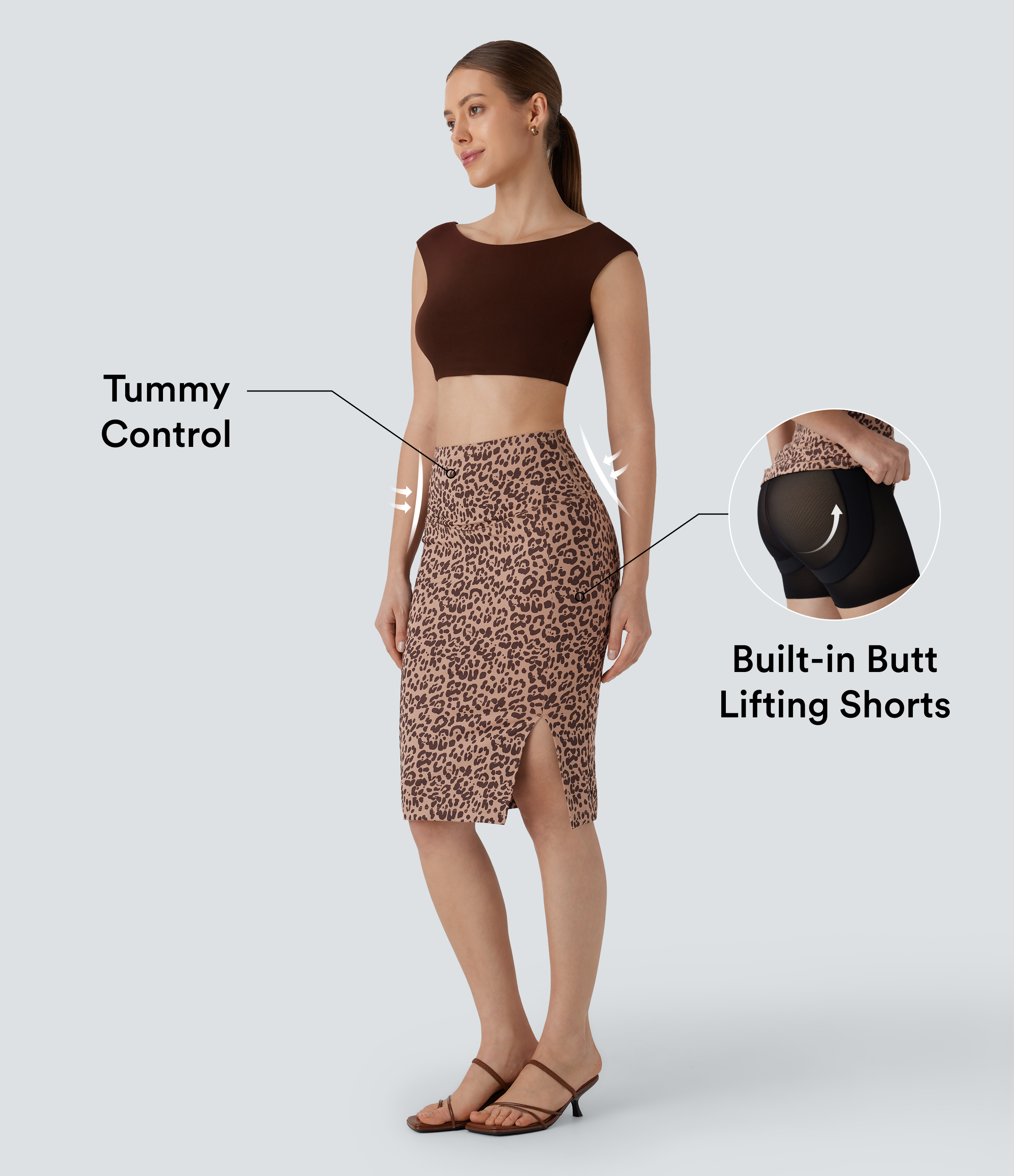 Dark Brown Leopard Print High Waisted Tummy Control Butt Lifting Midi Leopard Print Casual Shapewear Skirt / 2