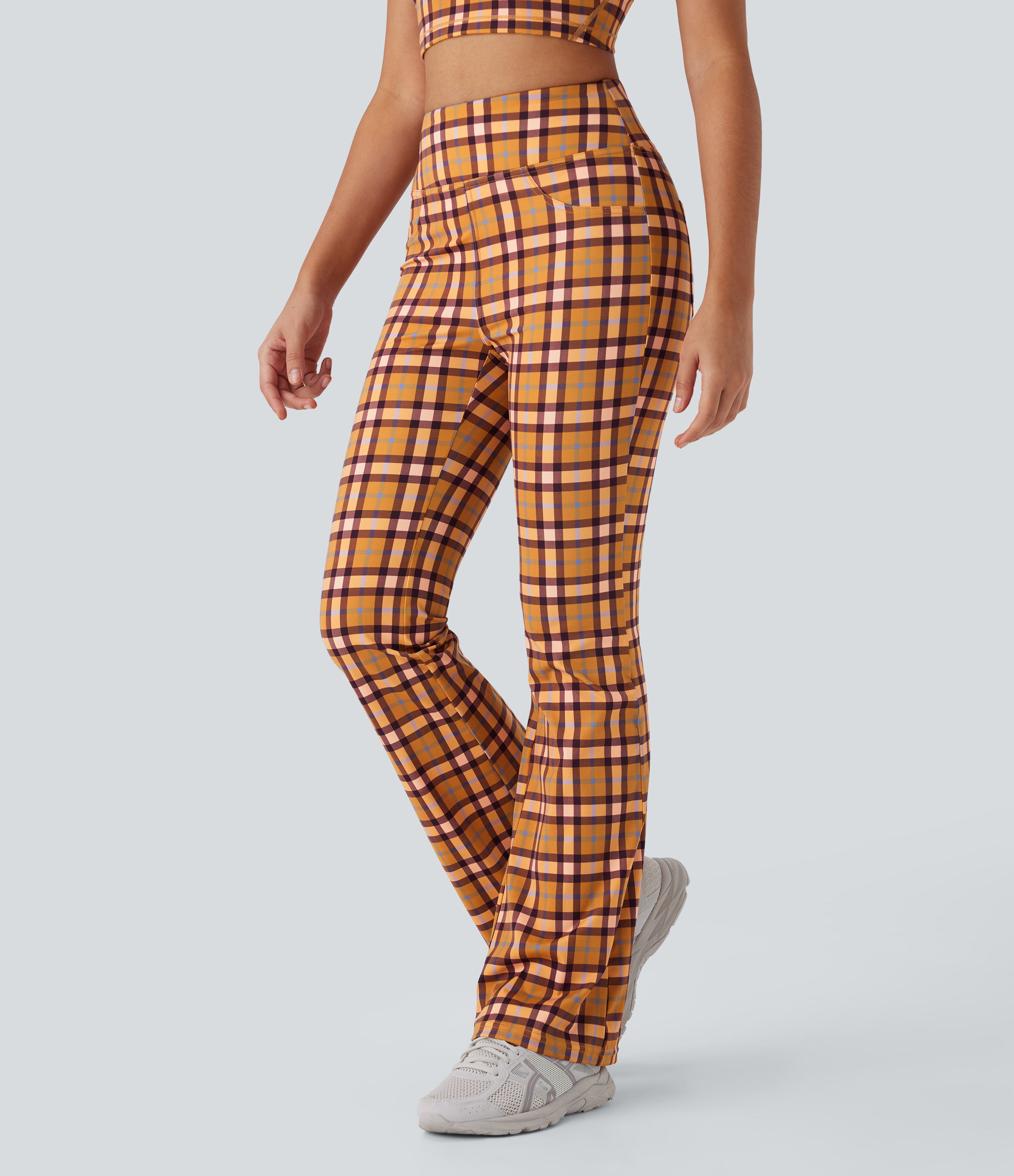 Blue Orange Purple Plaid Pantalones casuales de corte acampanado con tiro alto y bolsillos de tacto fresco / 2