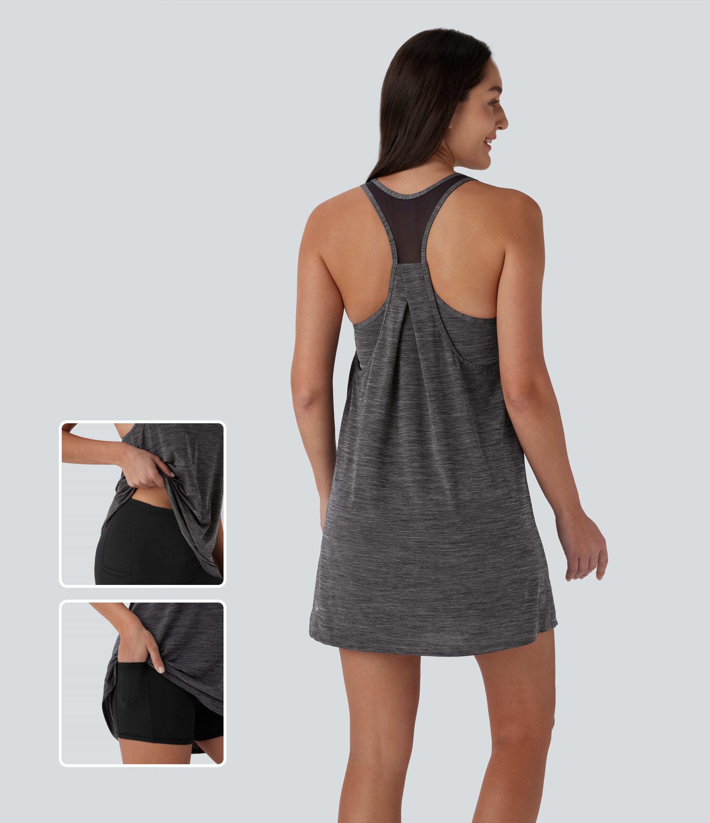 Deep Gray Texture Minivestido deportivo de yoga de dos piezas con escote en U, espalda cruzada y malla en contraste, bolsillos laterales / 1