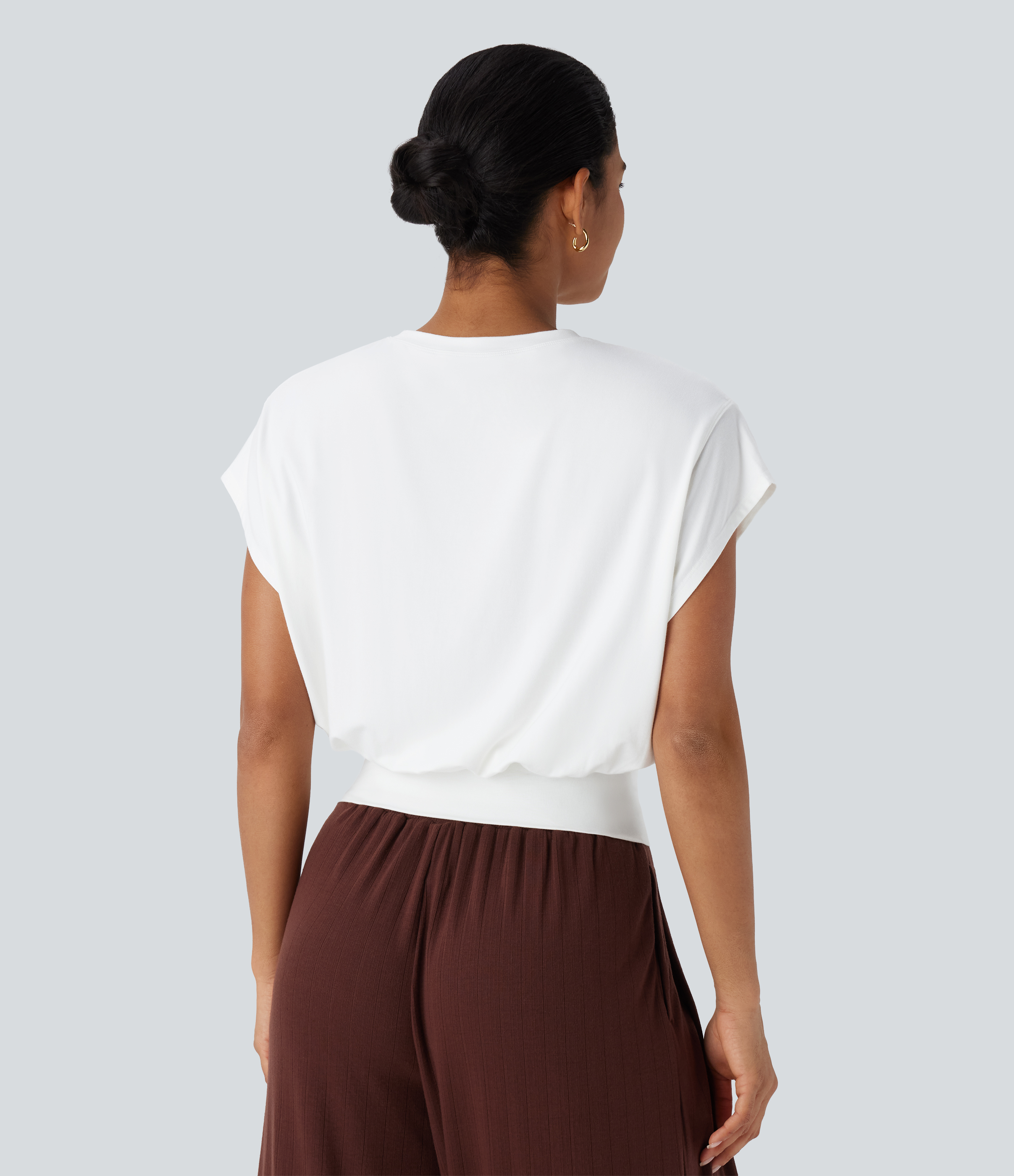 Weiß Arbeits-T-Shirt mit Rundhalsausschnitt und kurzen Fledermausärmeln / 2