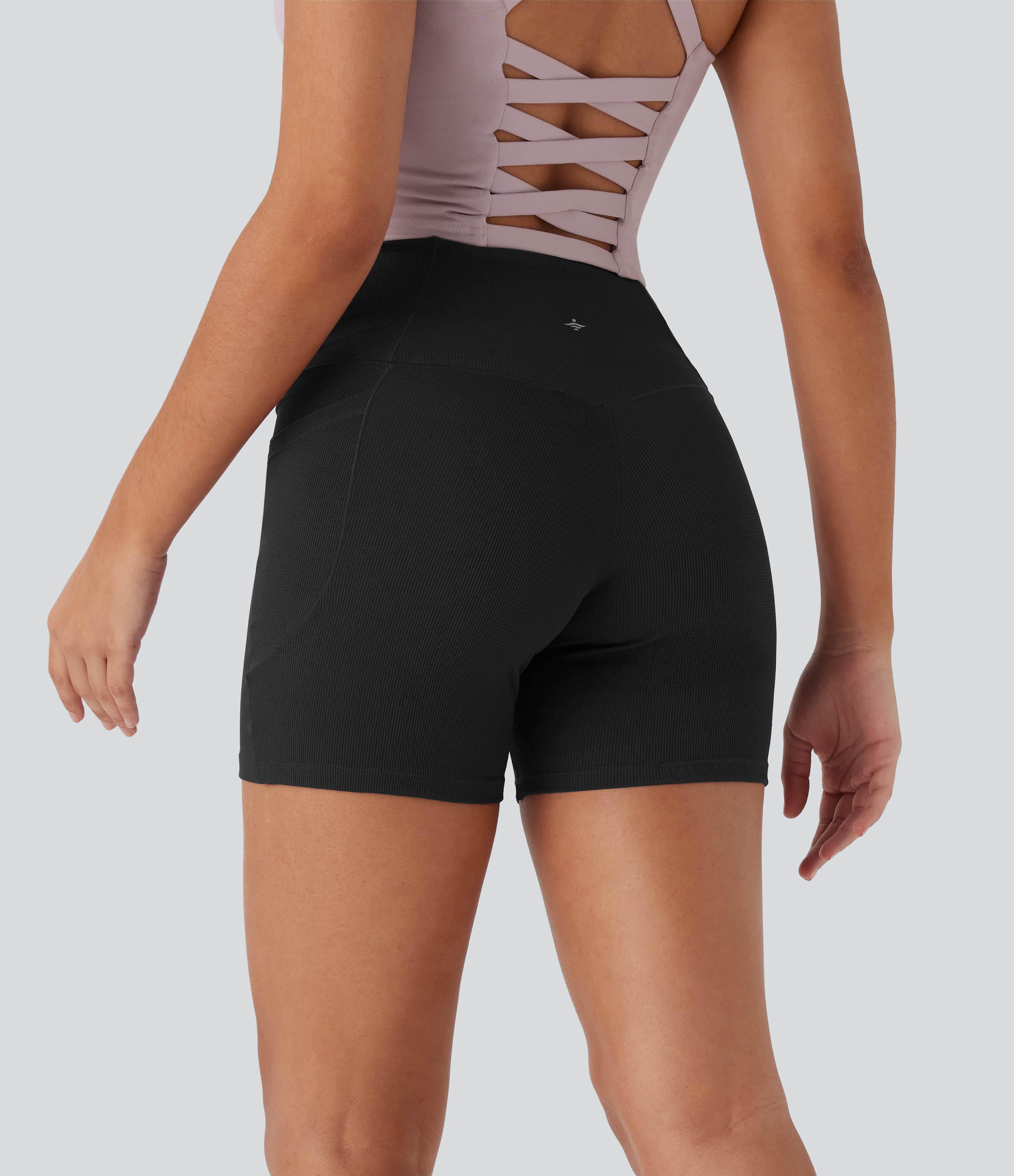 Women's High Waisted Crossover Pocket Waffle Yoga Biker Shorts 5