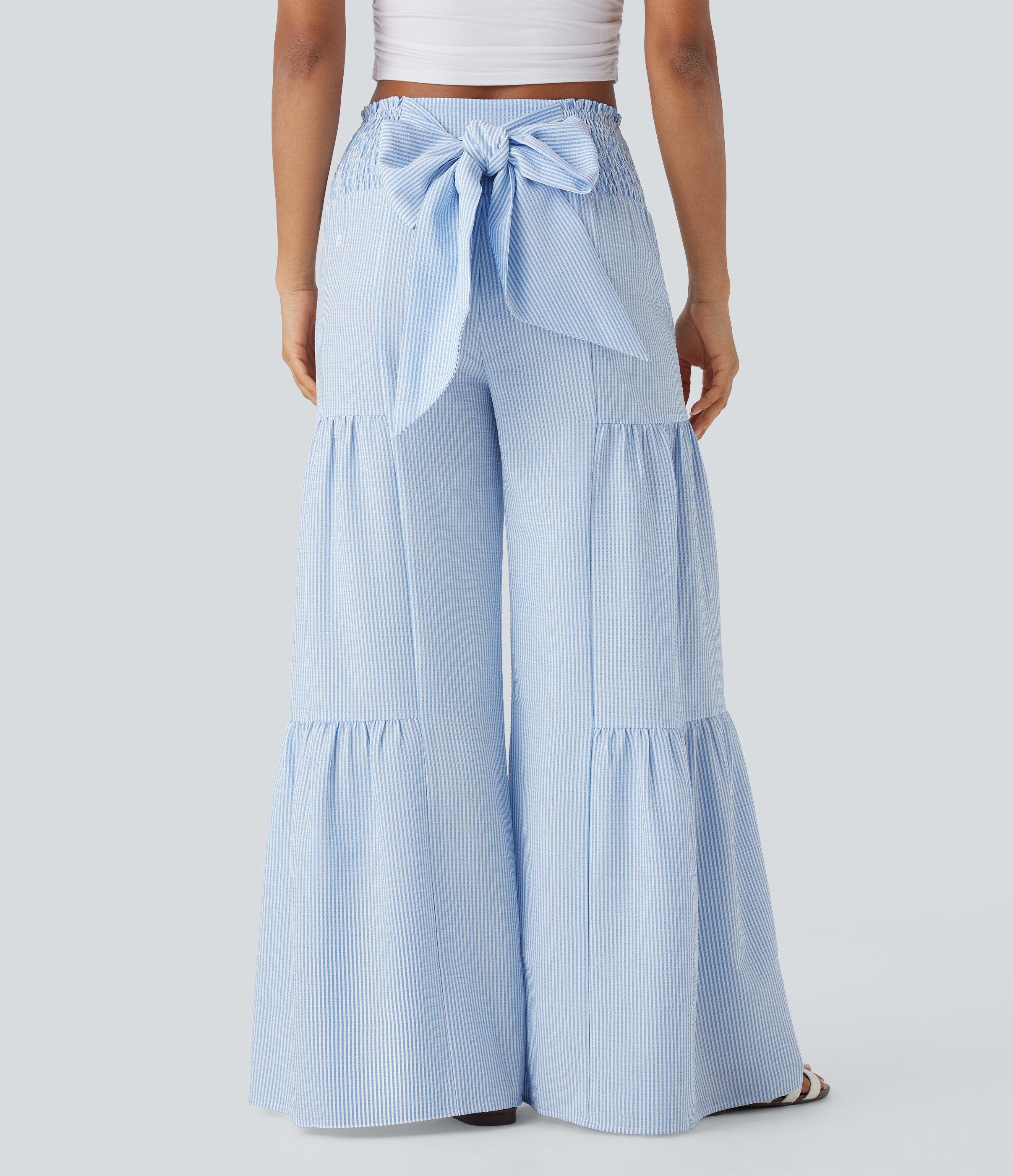 High Waisted Tie Back Shirred Wide Leg Flowy Stripe Casual Pants