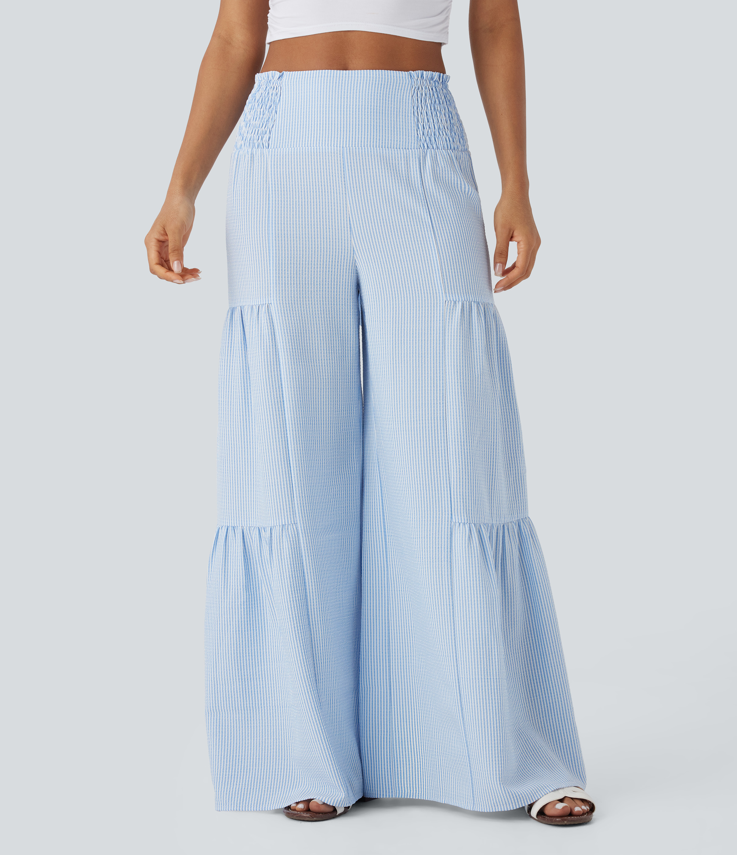 Azure White Stripe Pantalones anchos casuales de tiro alto con lazo en la espalda, fruncido y rayas fluidas / 2