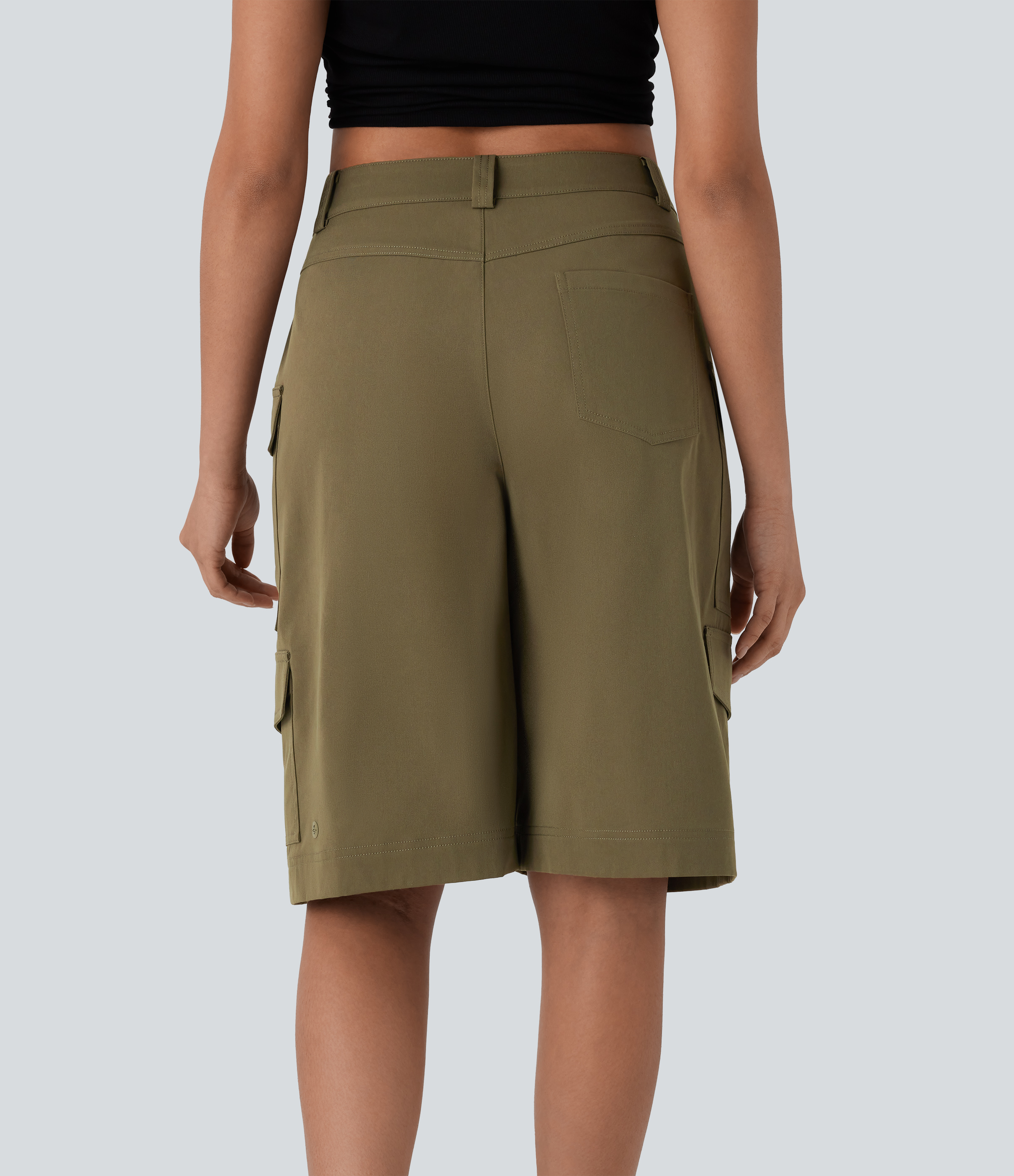 Halara Mid Rise Multiple Pockets Casual Cargo Bermuda Shorts  - Chestnut Green - L booty shorts compression shorts yoga shorts 