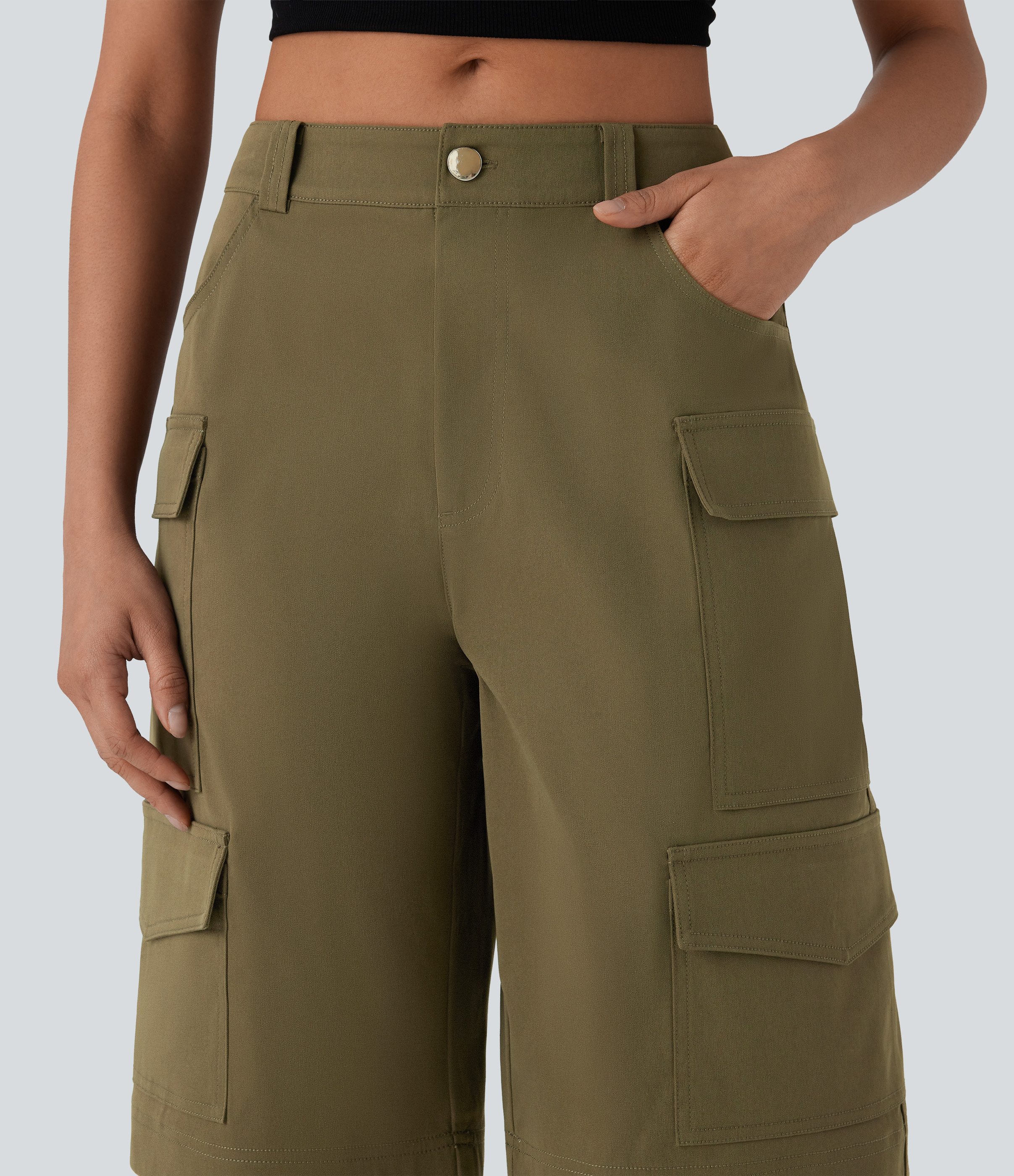 Halara Mid Rise Multiple Pockets Casual Cargo Bermuda Shorts  - Chestnut Green - L booty shorts compression shorts yoga shorts 