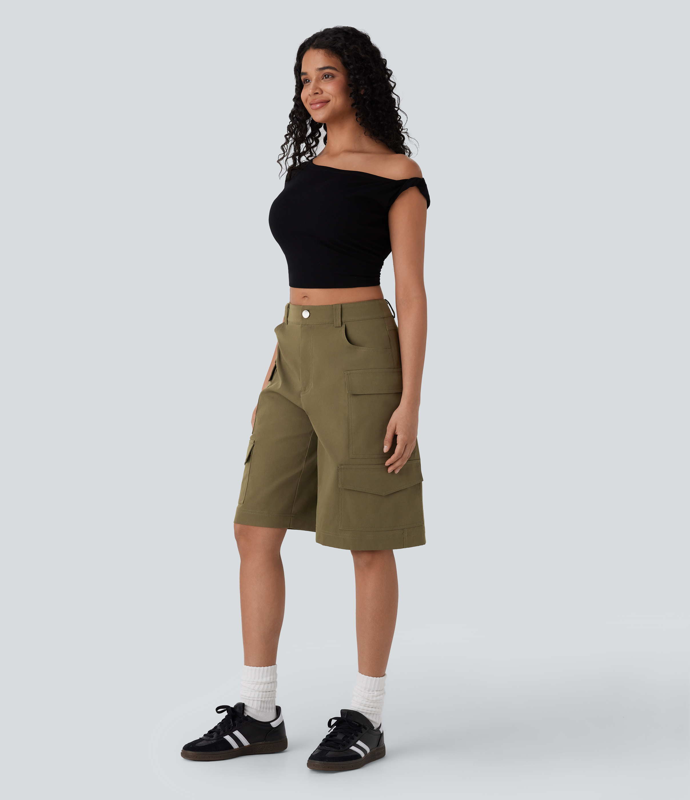 Halara Mid Rise Multiple Pockets Casual Cargo Bermuda Shorts  - Chestnut Green - L booty shorts compression shorts yoga shorts 
