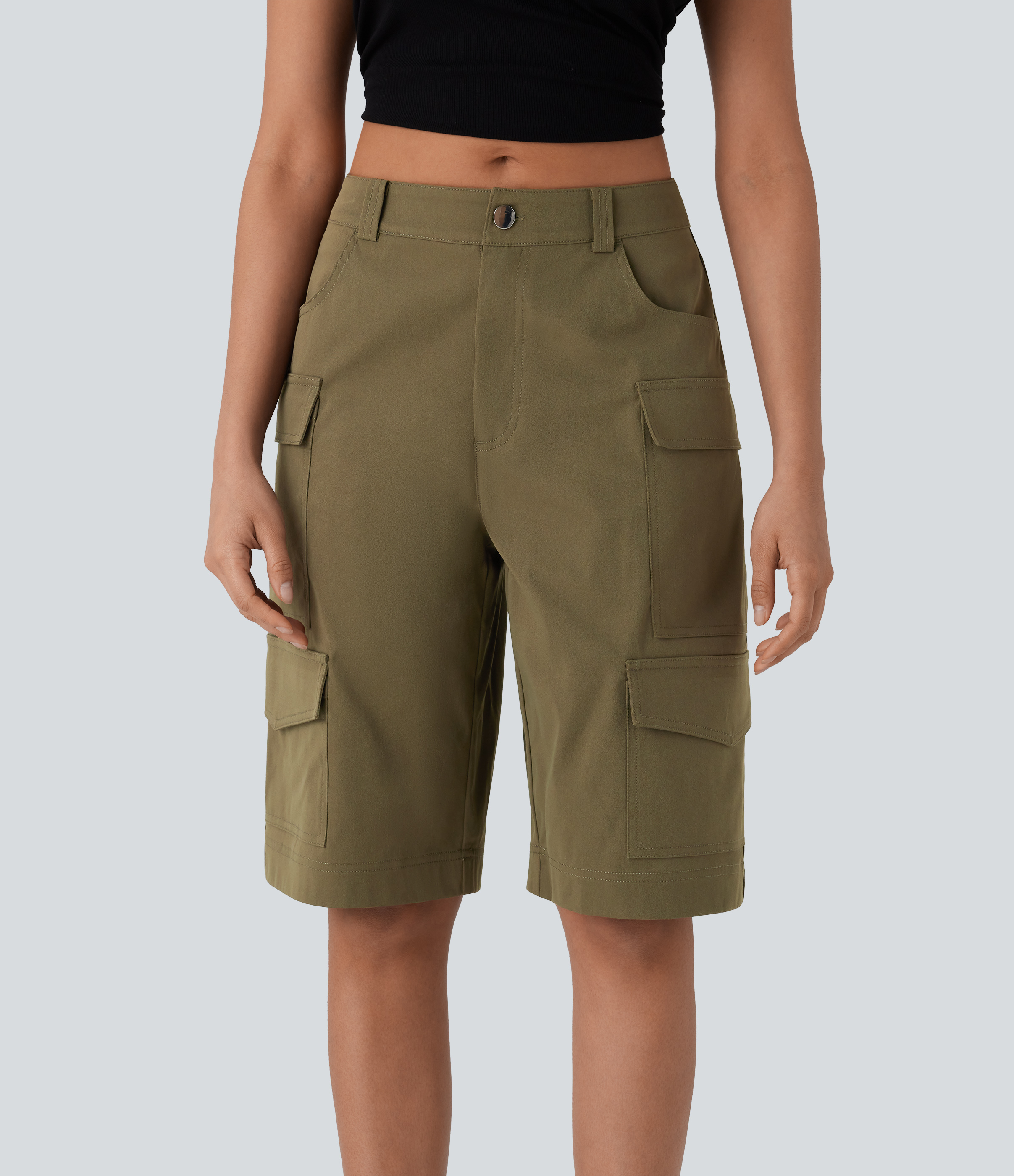 Halara Mid Rise Multiple Pockets Casual Cargo Bermuda Shorts  - Chestnut Green - L booty shorts compression shorts yoga shorts 