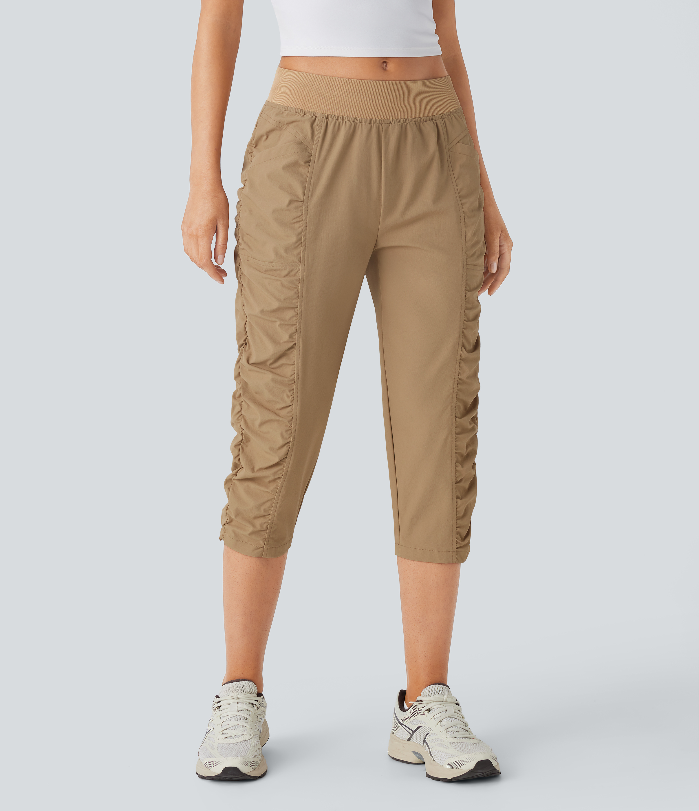Halara Mid Rise Inside Drawstring Side Pocket Ruched Cool Touch Hiking Capri Pants  - PBS-Khaki - M(regular) 