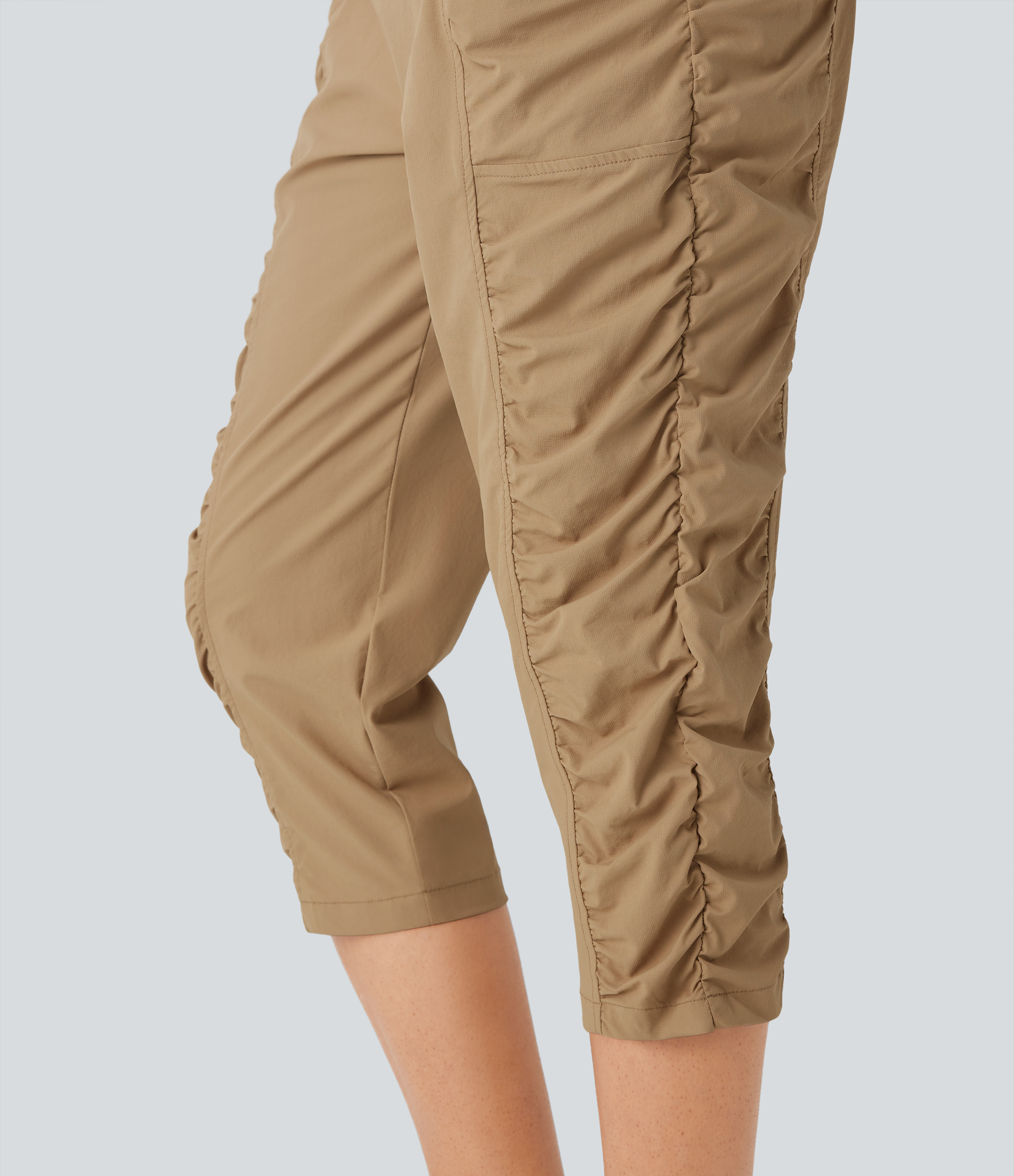 Halara Mid Rise Inside Drawstring Side Pocket Ruched Cool Touch Hiking Capri Pants  - PBS-Khaki - M(regular) 