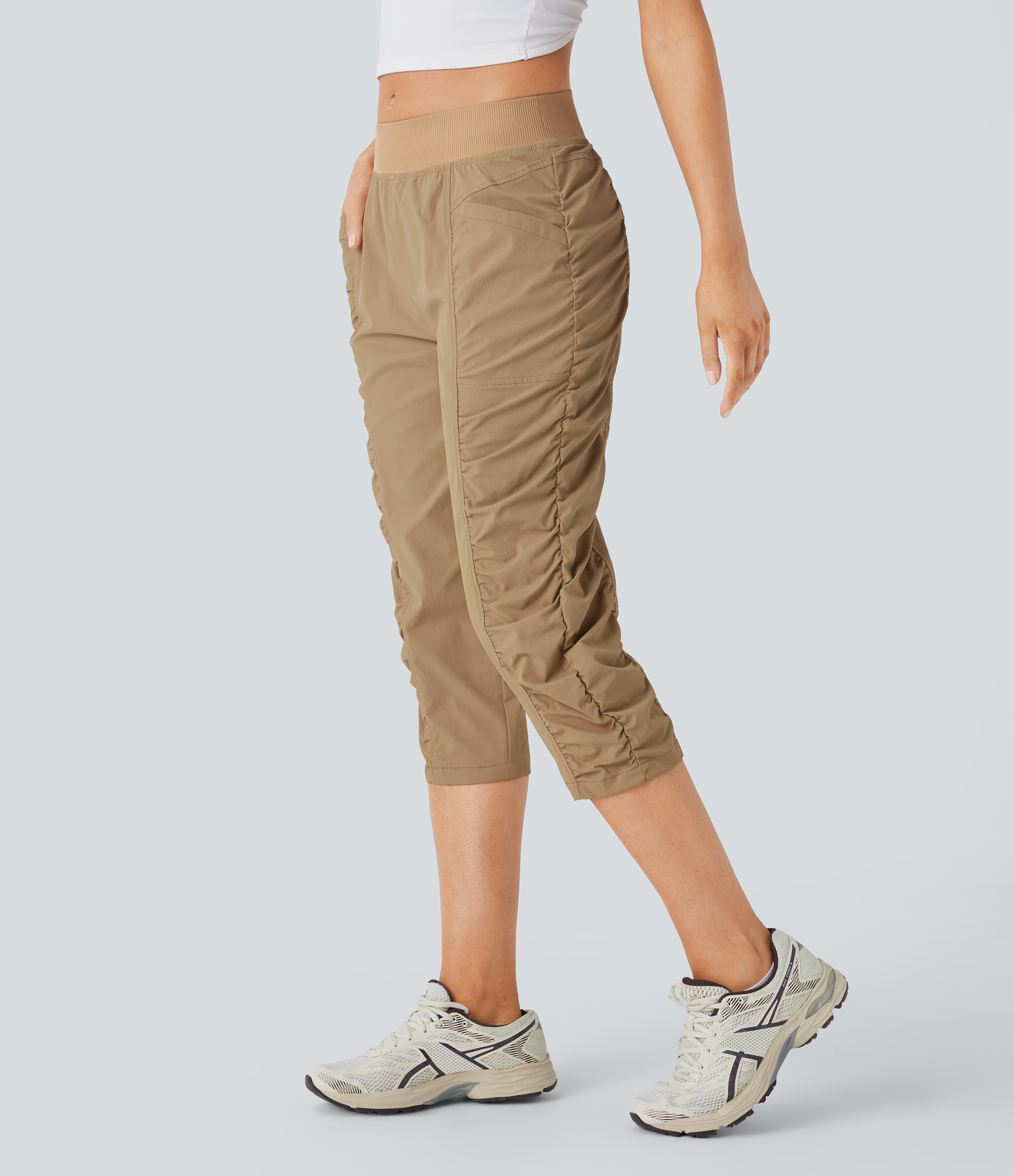Halara Mid Rise Inside Drawstring Side Pocket Ruched Cool Touch Hiking Capri Pants  - PBS-Khaki - M(regular) 
