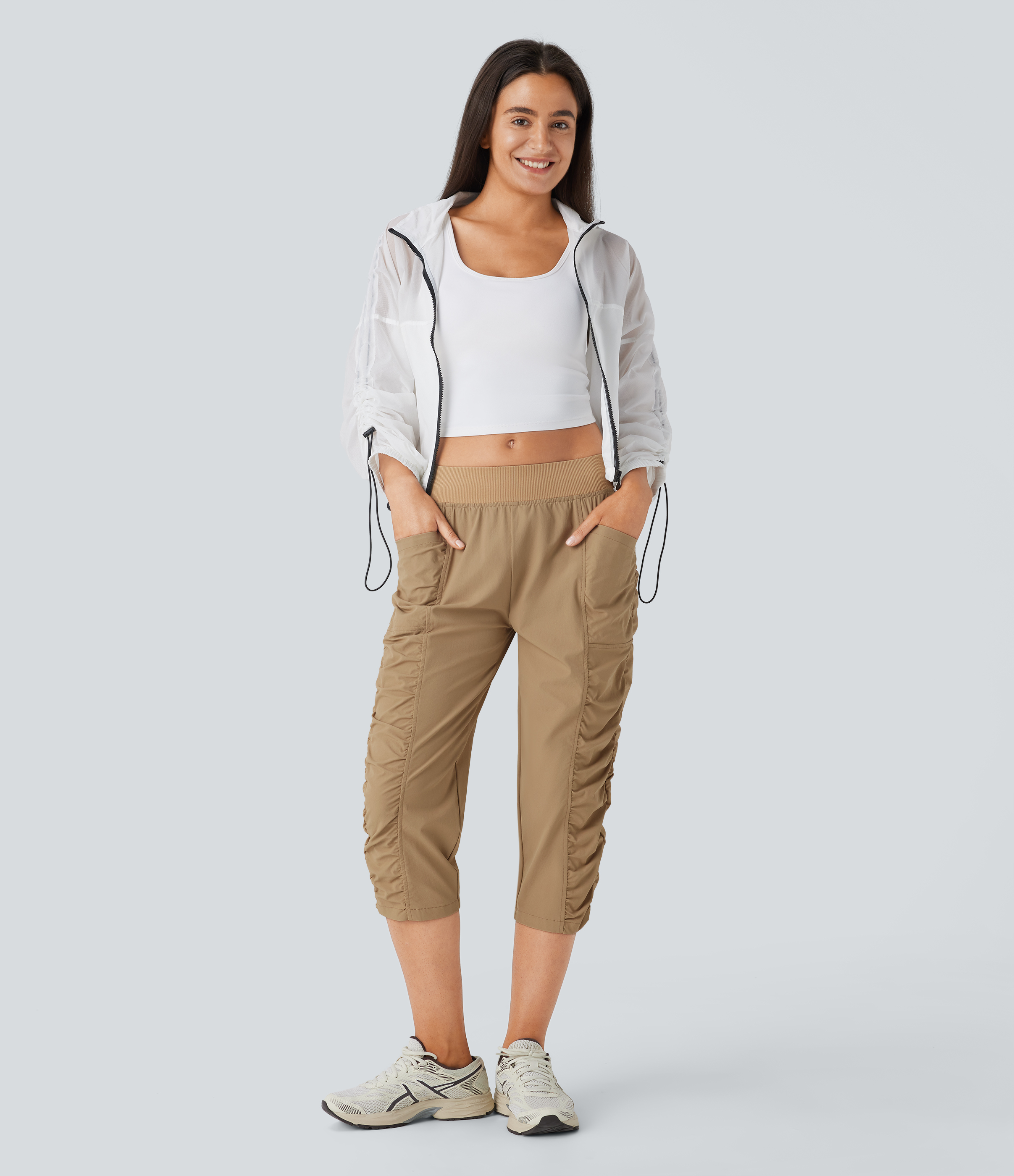 Halara Mid Rise Inside Drawstring Side Pocket Ruched Cool Touch Hiking Capri Pants  - PBS-Khaki - M(regular) 