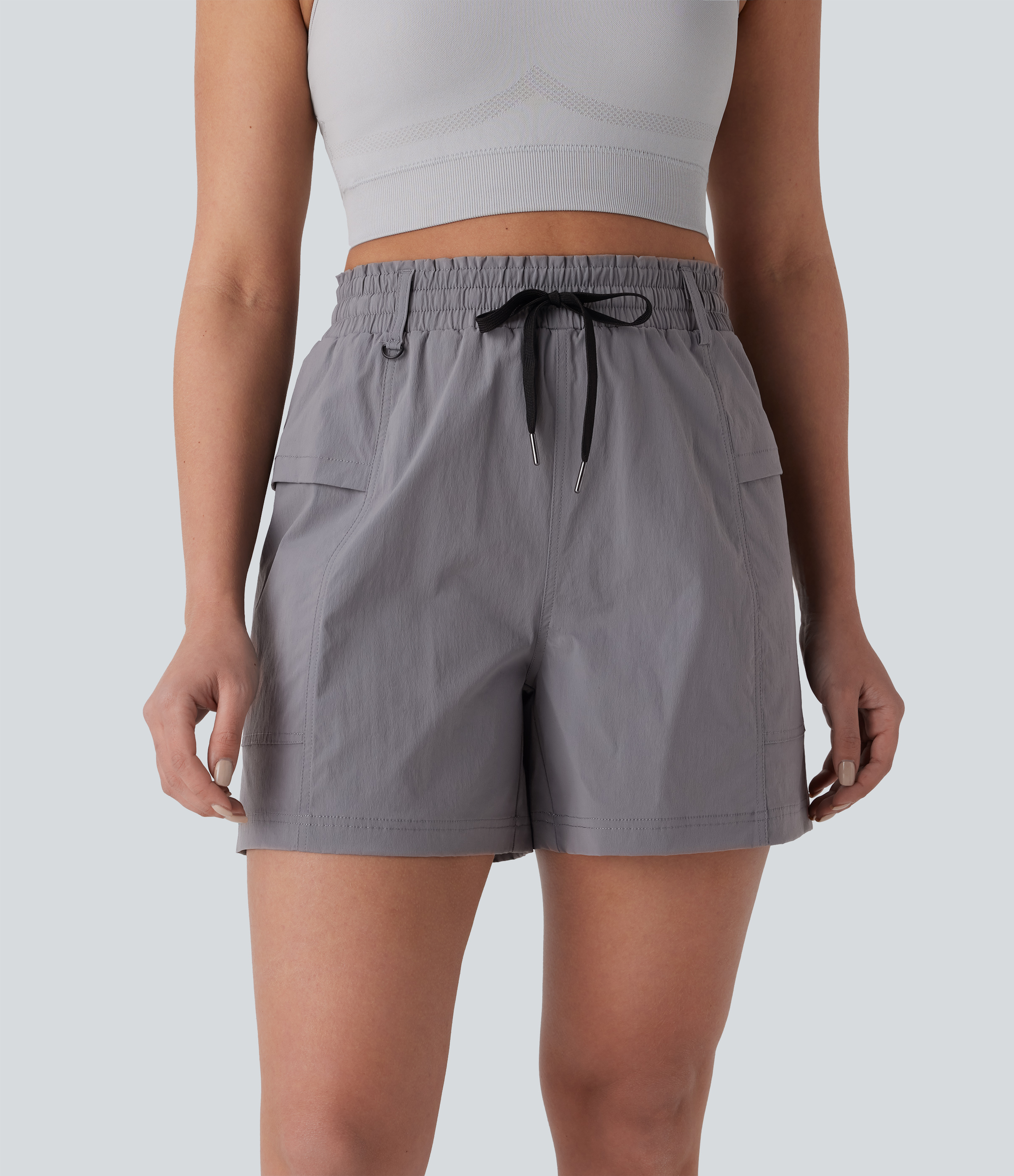 Halara Frill High Waisted Drawstring Side Pocket Hiking Shorts 5`` Gym Short - Steel Gray - M booty shorts compression shorts yoga shorts 