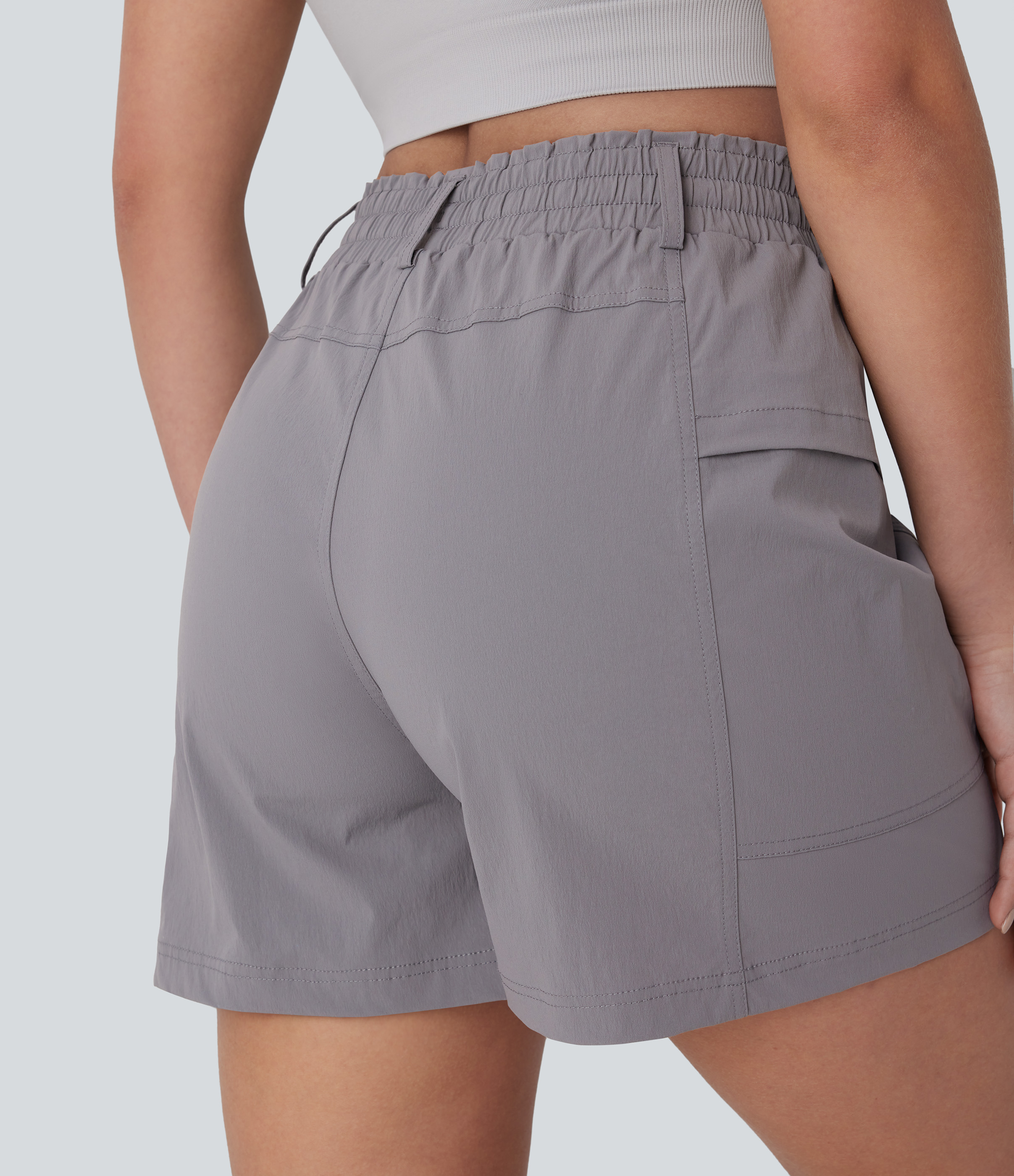 Halara Frill High Waisted Drawstring Side Pocket Hiking Shorts 5`` Gym Short - Steel Gray - M booty shorts compression shorts yoga shorts 