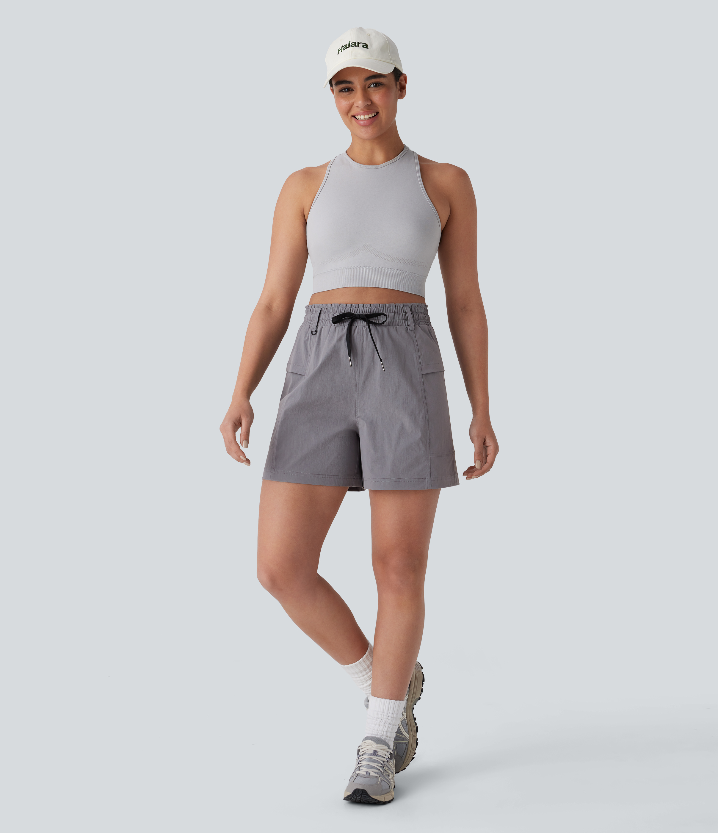 Halara Frill High Waisted Drawstring Side Pocket Hiking Shorts 5`` Gym Short - Steel Gray - M booty shorts compression shorts yoga shorts 