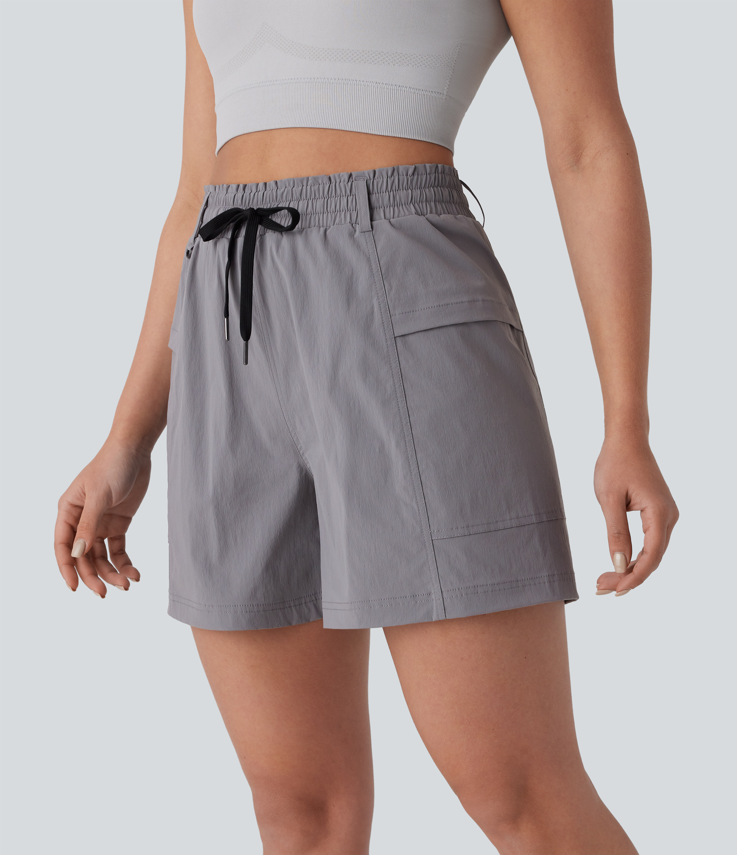 Halara Frill High Waisted Drawstring Side Pocket Hiking Shorts 5`` Gym Short - Steel Gray - M booty shorts compression shorts yoga shorts 
