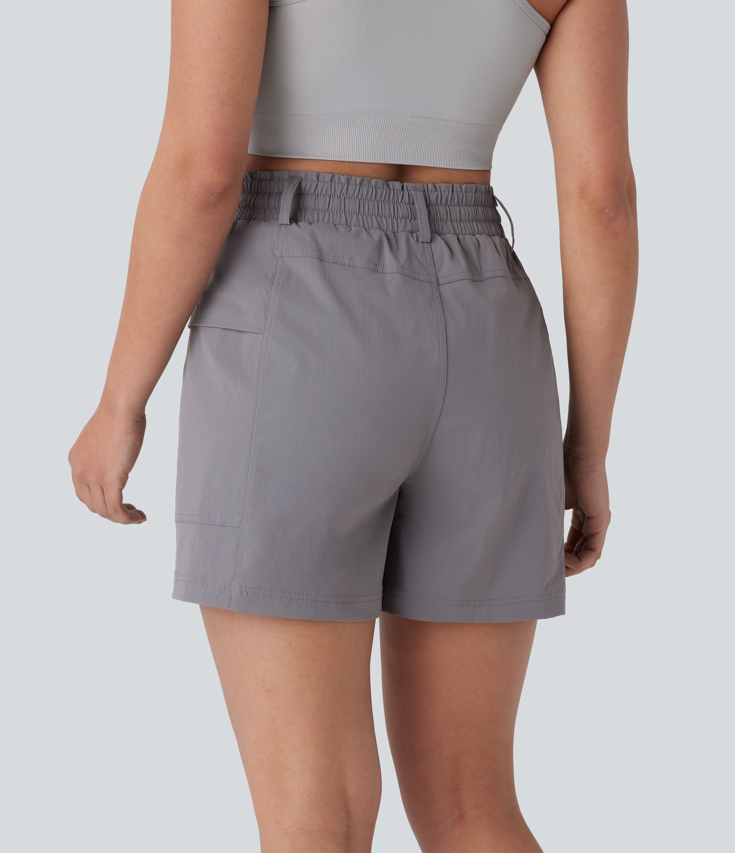 Halara Frill High Waisted Drawstring Side Pocket Hiking Shorts 5`` Gym Short - Steel Gray - M booty shorts compression shorts yoga shorts 