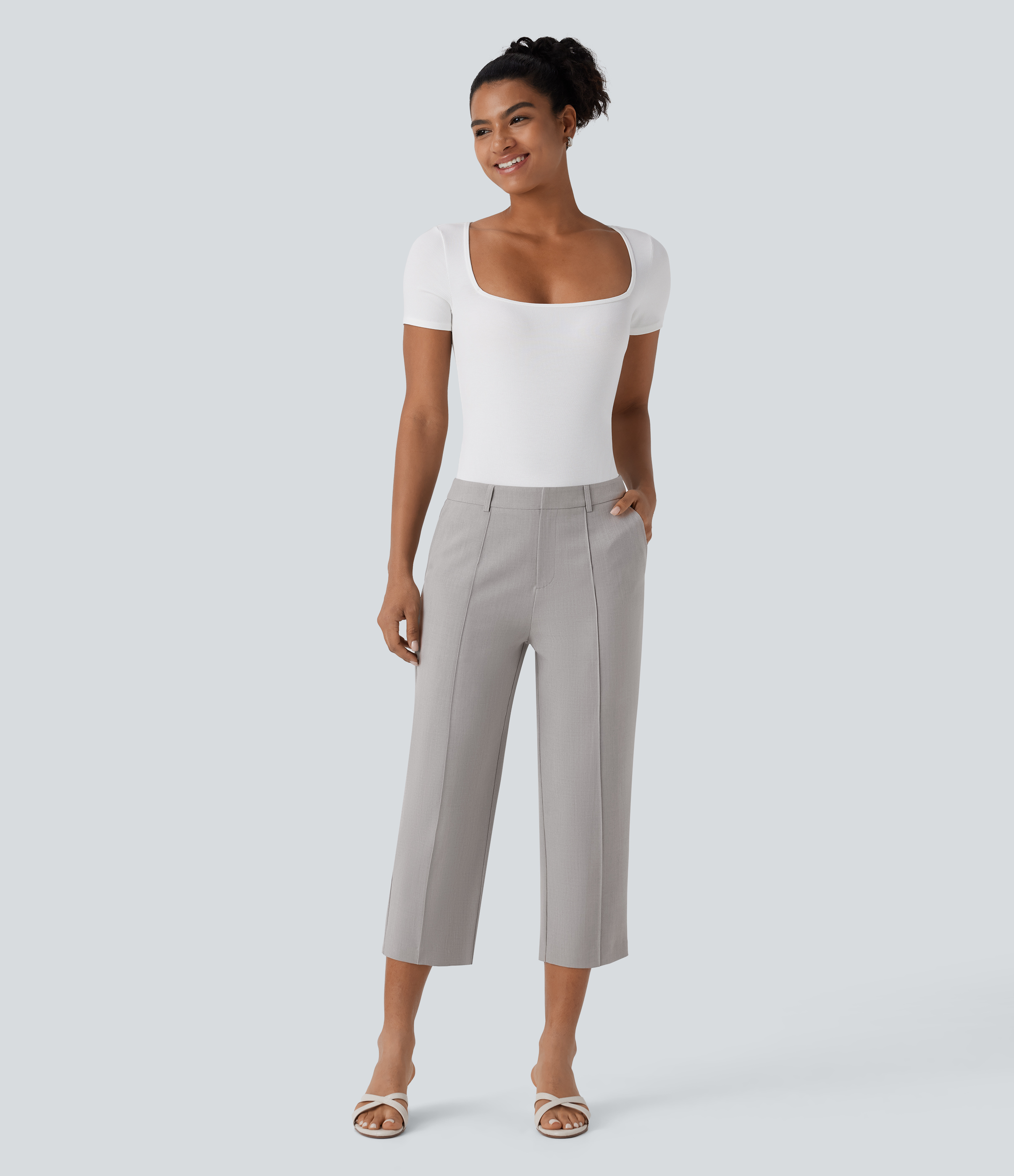 Halara Mid Rise Zipper Multiple Pockets Capri Casual Pants  - Drizzle - S(regular) sweatpants jogger pants stacked sweatpants cargo joggers 