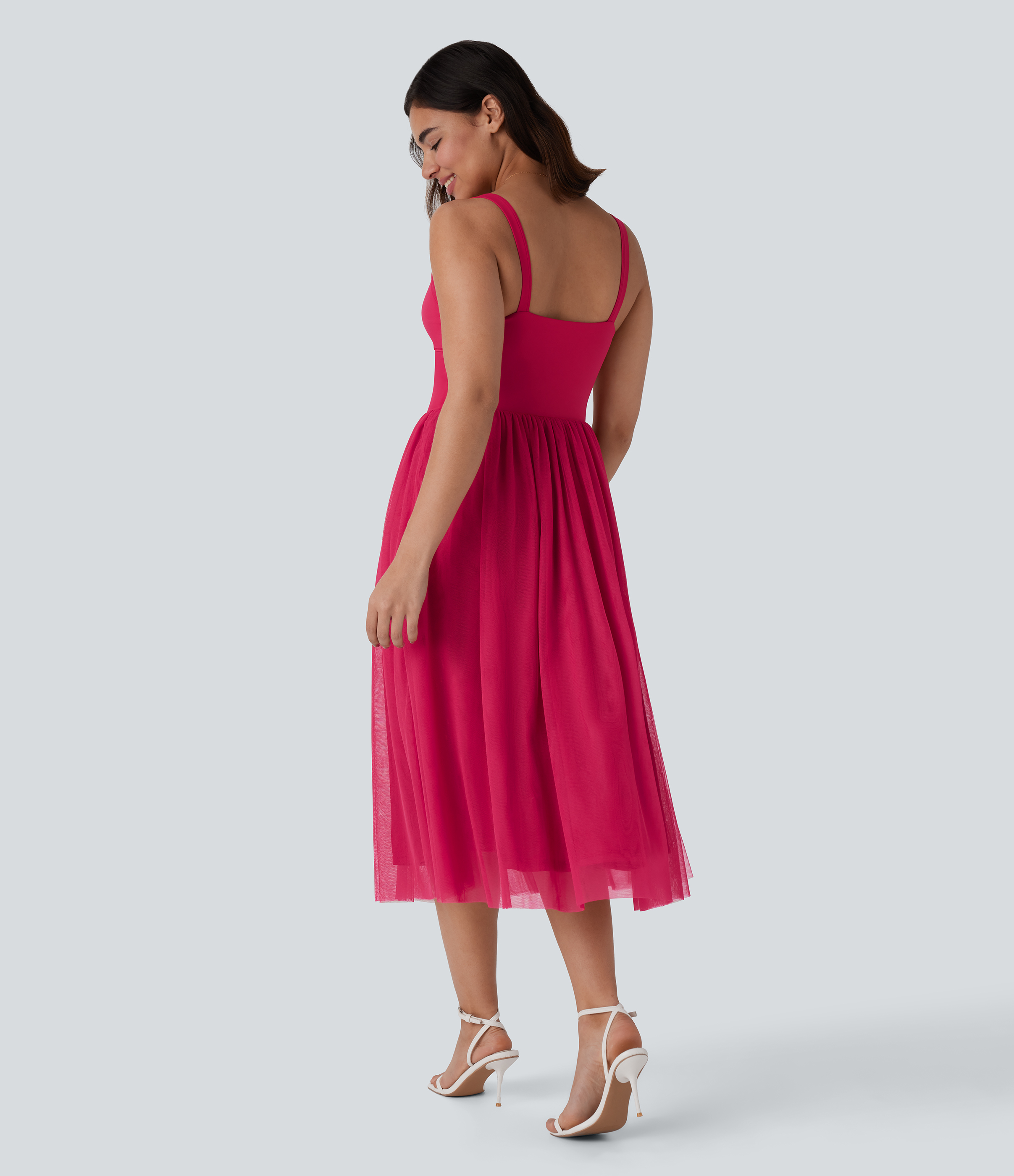 Raspberry Vestido midi dama honor invitada boda corsé sin espalda malla contrastante / 2