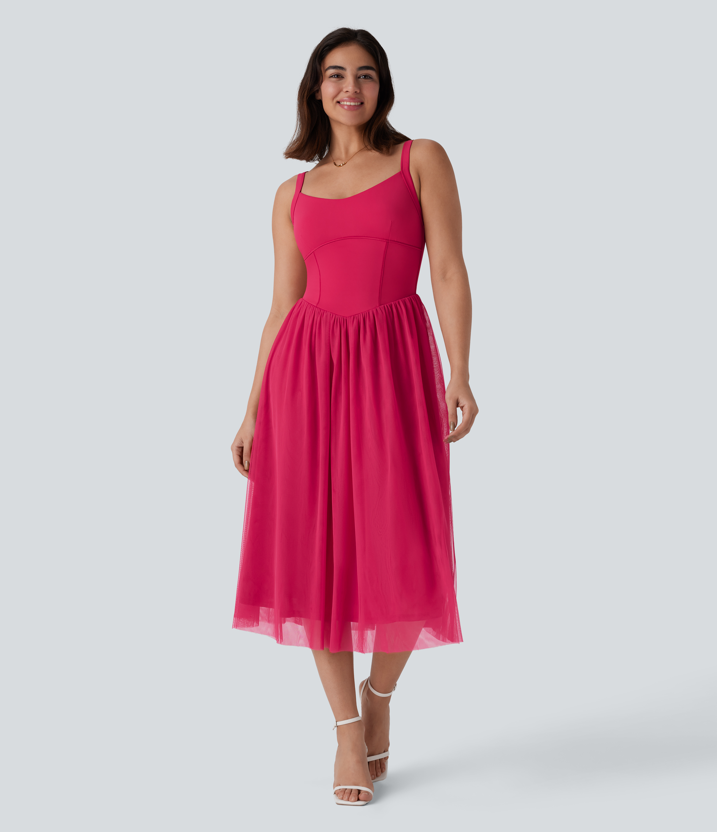 Corset Contrast Mesh Midi Dress