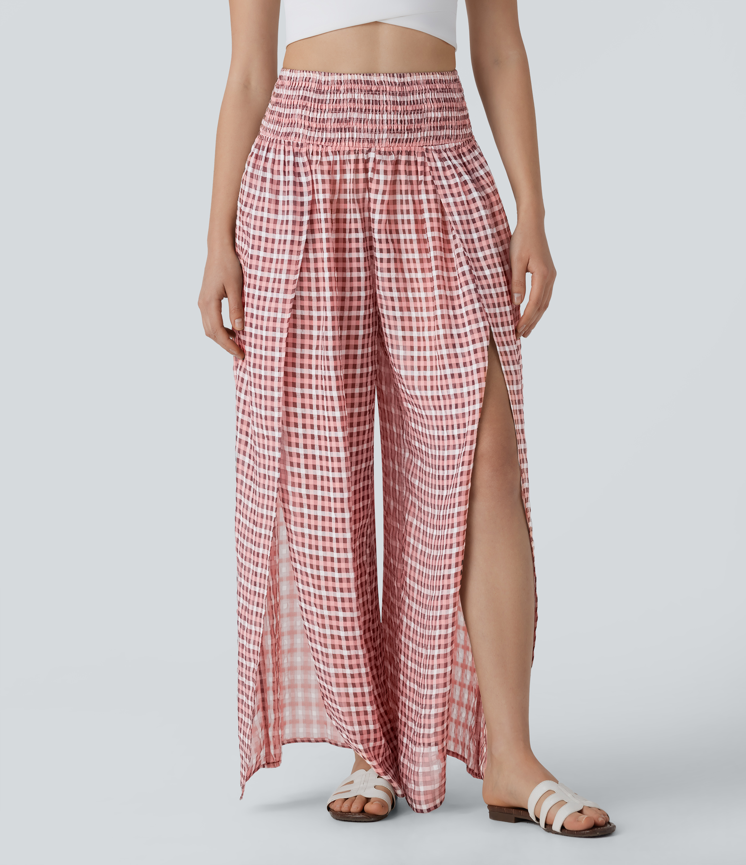 High Waisted Shirred Split Plaid Flowy Casual Wide Leg Trousers