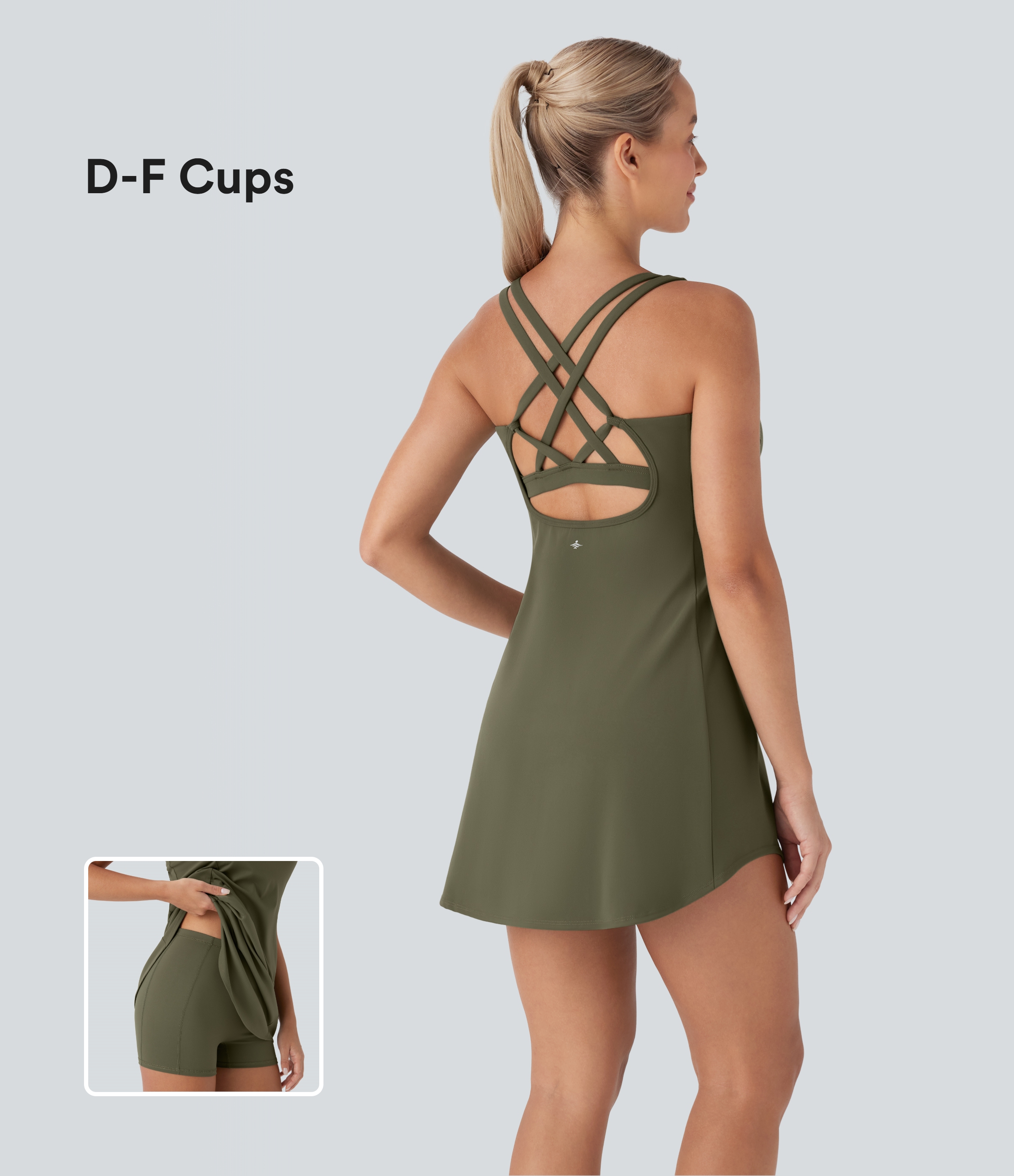 Grass Grey Green Vestido deportivo mini de yoga SoftlyZero™ Plush afelpado con abertura y bolsillos, 3 piezas en copas D-F / 1