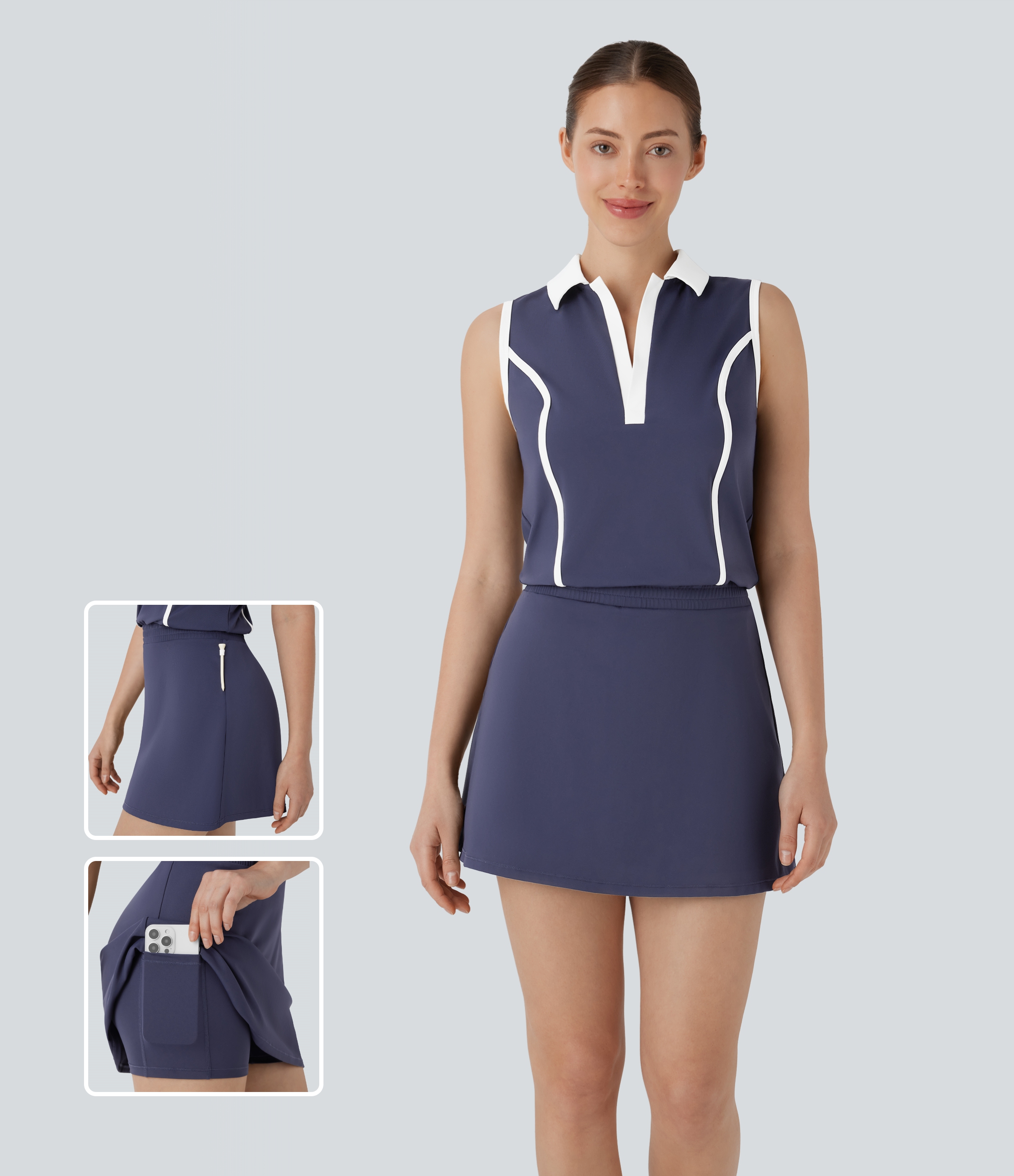 Dawn Purple Vestido mini deportivo de golf 2 en 1 Softlyzero™ de secado rápido con cuello polo, bloques de color, bolsillos laterales y bolsillo especial para tee de golf / 1